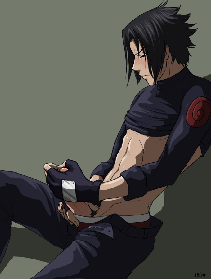 1boy, black hair, blush, human, male, male only, masturbation, naruto, naruto (series), penis, sasuke uchiha, sitting, solo, straight hair, uncensored