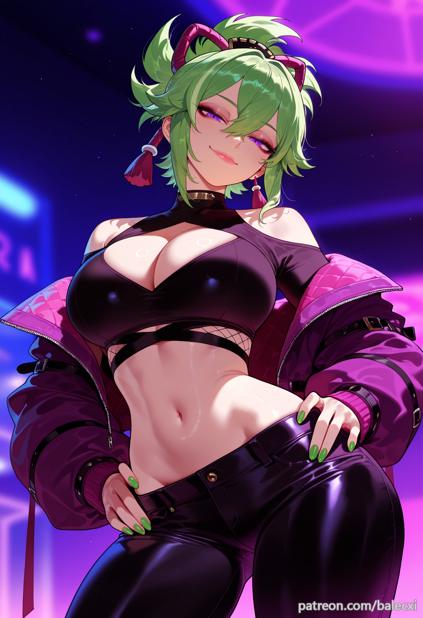 ai generated, artist name, balecxi, black pants, blurry background, breasts, cleavage, cleavage cutout, closed mouth, clothing cutout, crop top, female, genshin impact, green hair, hair between eyes, hands on own hips, inazuma girls, kuki shinobu, large breasts, long sleeves, looking at viewer, navel, off shoulder, patreon username, purple eyes, purple jacket, shirt, smile, solo, stomach