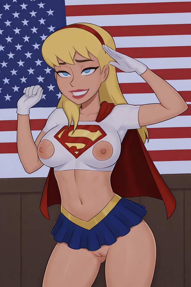 1girls, ai generated, american flag, blonde hair, dc, dc comics, exposed pussy, female, justice league, microskirt, nipple cutout, nipples, pussy, salute, supergirl, superheroine, superman (series), tagme, userisbad