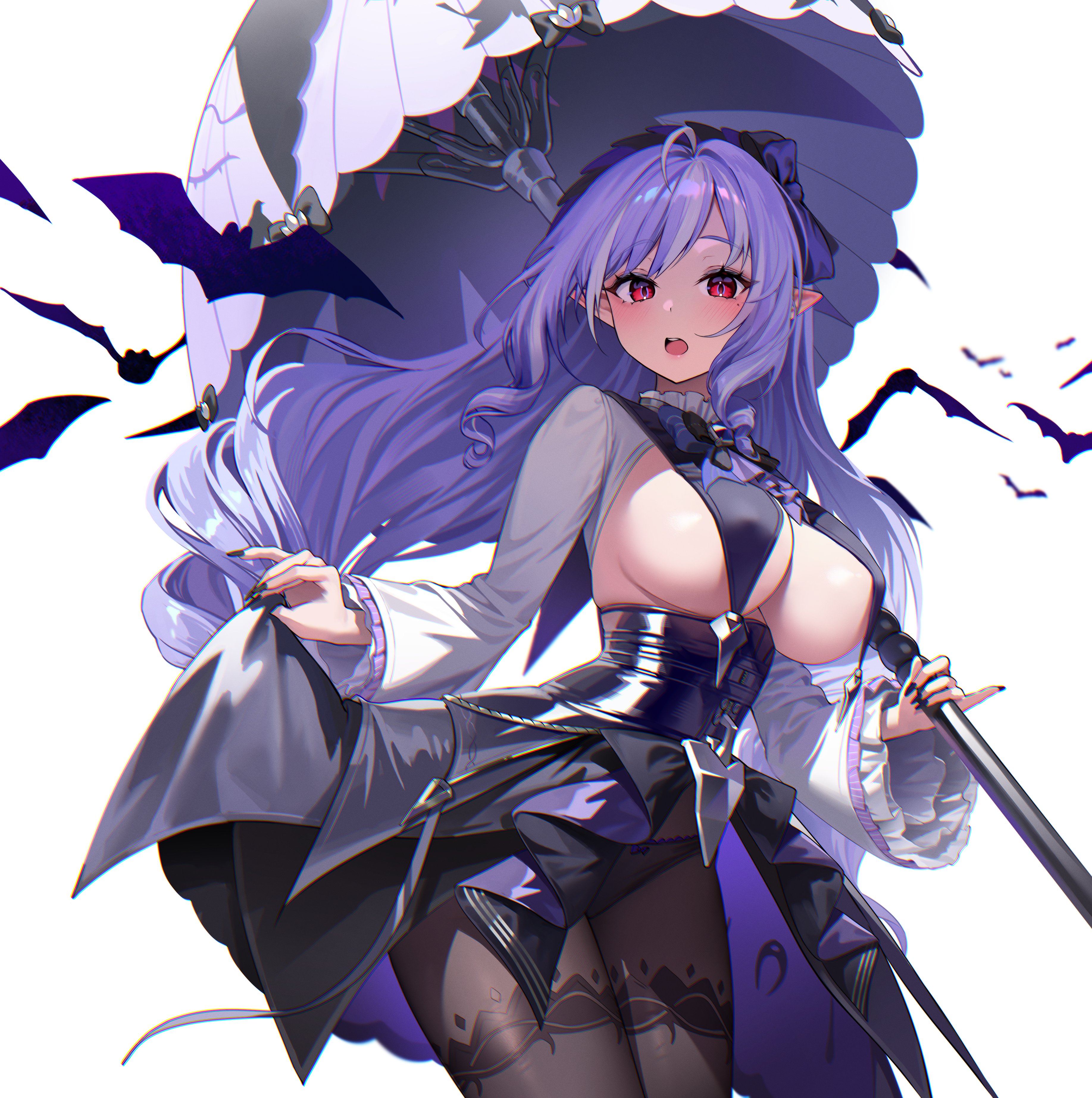 1girls, absurdres, ascot, ayoni 623, black nails, black panties, black pantyhose, blush, bow, bow panties, bowtie, breast curtains, breasts, drill hair, female, female only, hairband, highres, holding, holding umbrella, large breasts, long hair, long sleeves, looking at viewer, mole, mole under eye, open mouth, panties, panties under pantyhose, pantyhose, parasol, pointy ears, purple ascot, purple bow, purple bowtie, purple hair, purple hairband, purple umbrella, red eyes, simple background, solo, umbrella, underwear, vivian (zenless zone zero), vivian banshee, white background, zenless zone zero