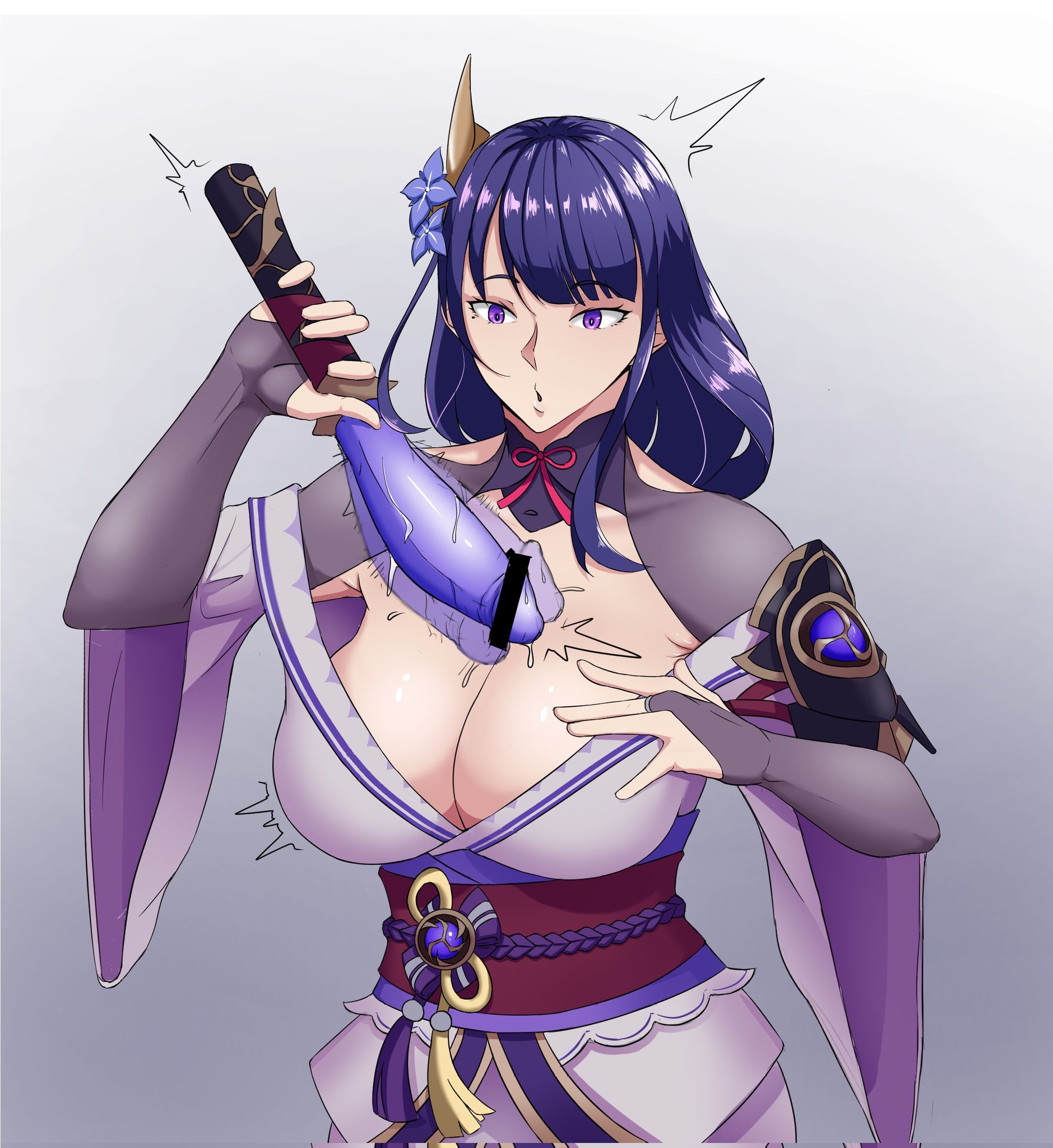 beauty mark, beauty mark under eye, big breasts, breasts, caught off guard, cleavage, curvy, dildo, female, female focus, female only, genshin impact, hair flower, hair ornament, japanese clothes, japanese clothing, katana, kimono, light skin, light-skinned female, lightning, long hair, magic, magic user, mihoyo, mole under eye, obi, purple eyes, purple hair, raiden ei, raiden shogun, sex toy, sextoy, surprised, surprised expression, surprised face, sword, unsheathing sword, vibrator, video game character, video games, yonda545