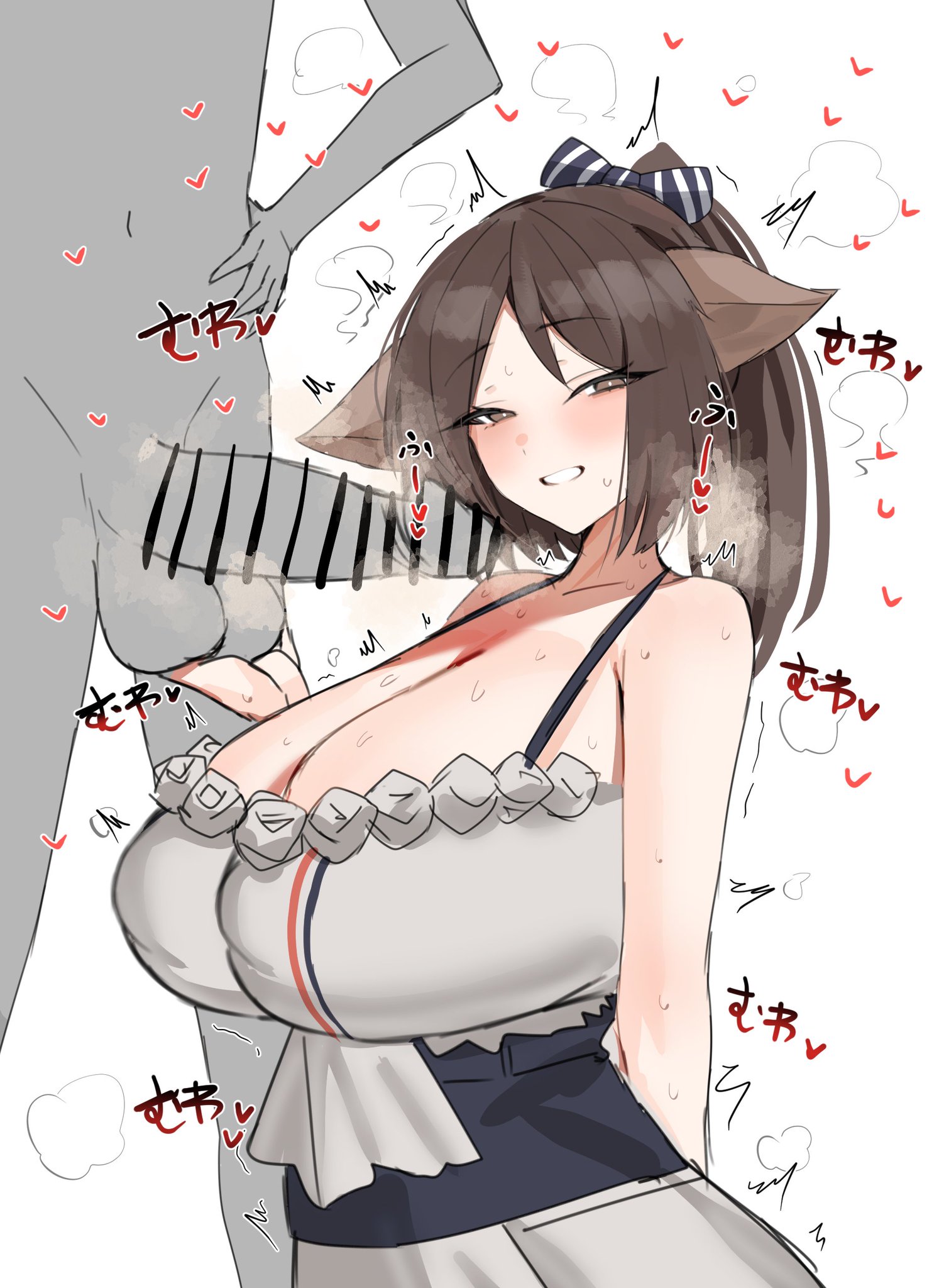1boy, 1girls, arknights, balls, bar censor, big breasts, big penis, breasts, censor bar, censored, female, fondling balls, horn/wood, male, penis, perfumer (arknights), smaller male, tagme