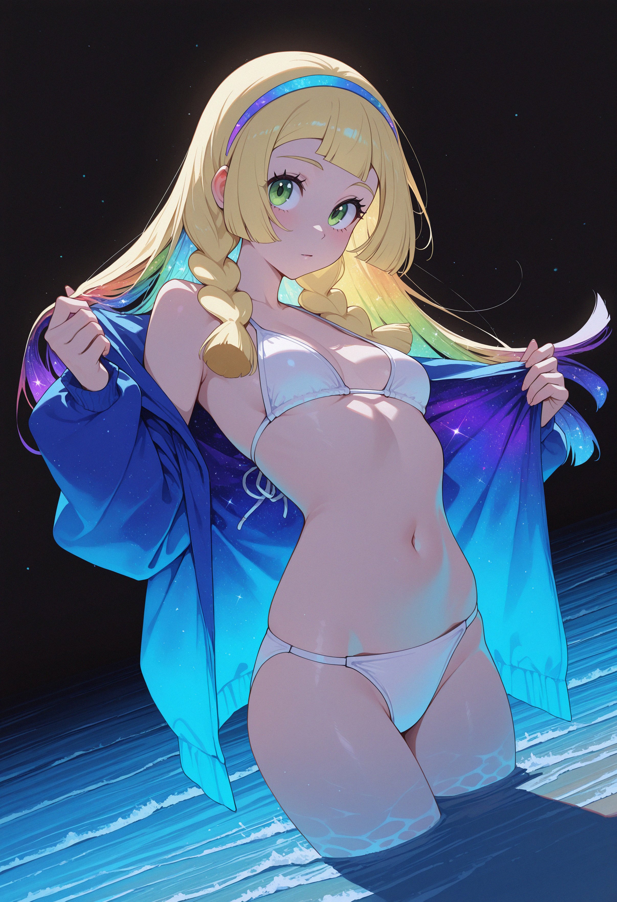 1girls, ai assisted, ai generated, bikini, blonde hair, breasts, female, female only, game freak, green eyes, lillie (pokemon), looking at viewer, medium breasts, nintendo, outdoors, owari wan, pokemon, pokemon sm, swimsuit, very long hair, water, wet, white bikini