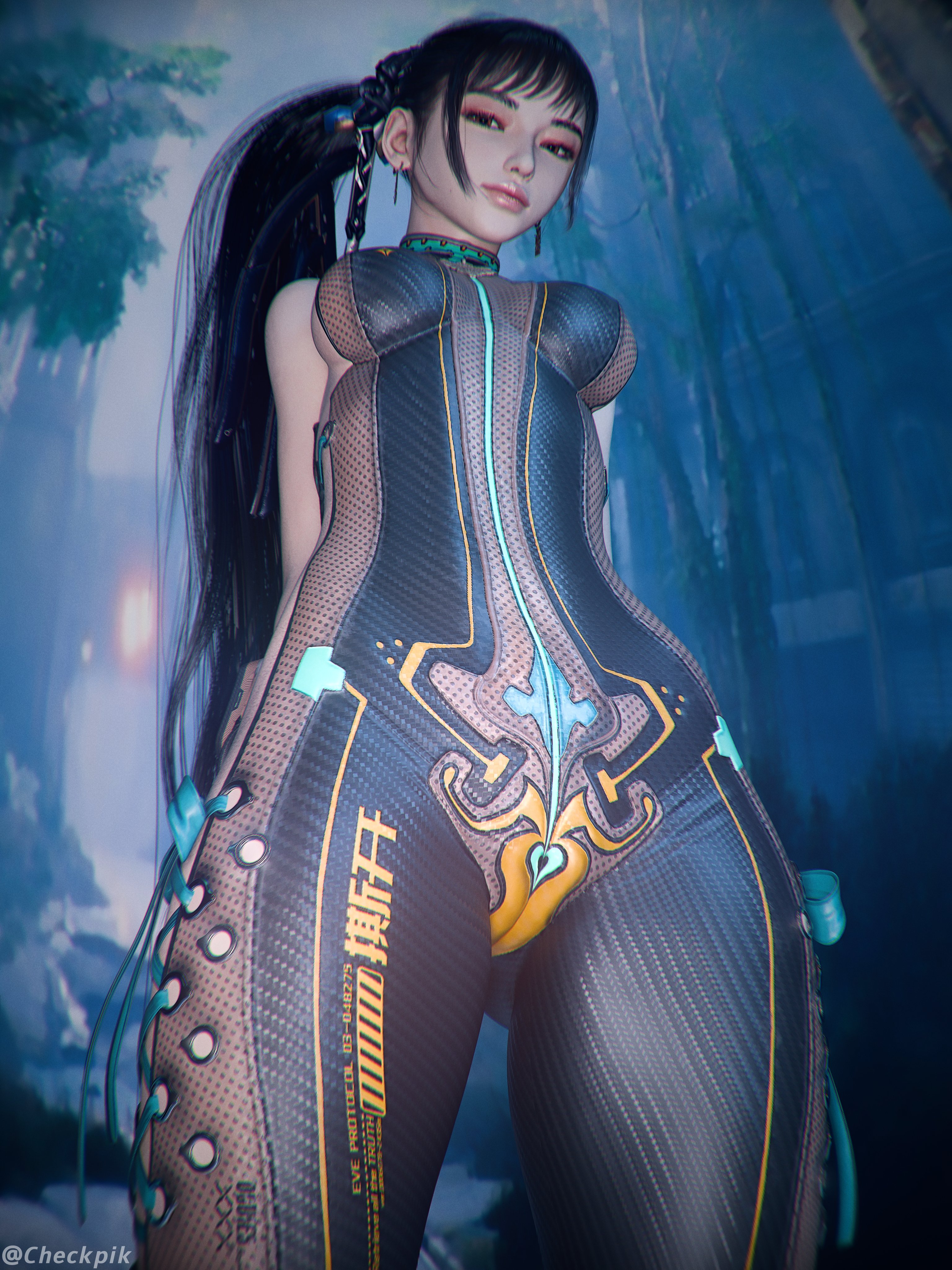 1girls, 2025, 3d, black hair, bodysuit, breasts, brown eyes, cameltoe, checkpik, covered breasts, eve (stellar blade), eyeshadow, female, female only, hands behind back, legs apart, lipstick, long hair, looking at viewer, low-angle view, no nude, no nudity, non nude, non-nude, outdoors, pink eyeshadow, pink lipstick, ponytail, pussy, skintight bodysuit, smirk, solo, standing, stellar blade, tied hair, very long hair