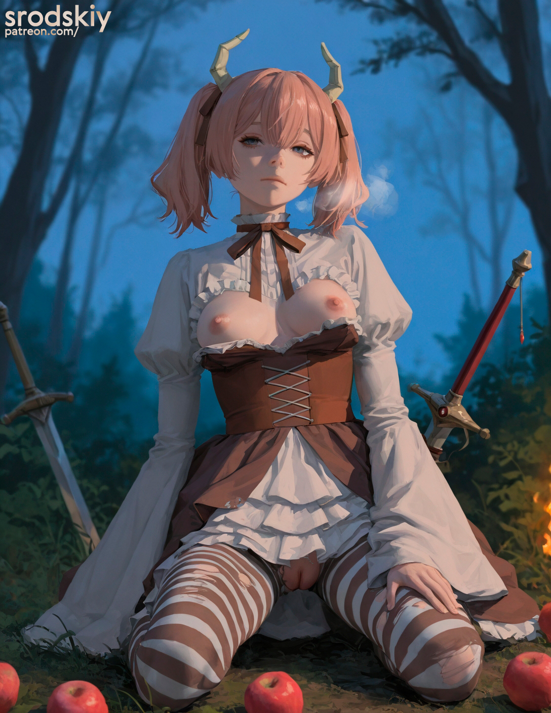 1girls, ai generated, breasts, cute, demon, demon girl, demon horns, female, female only, flat chest, goth, half naked, linie (sousou no frieren), mature female, nipples, pussy, small breasts, sousou no frieren, srodskiy, tagme, vulgar, young