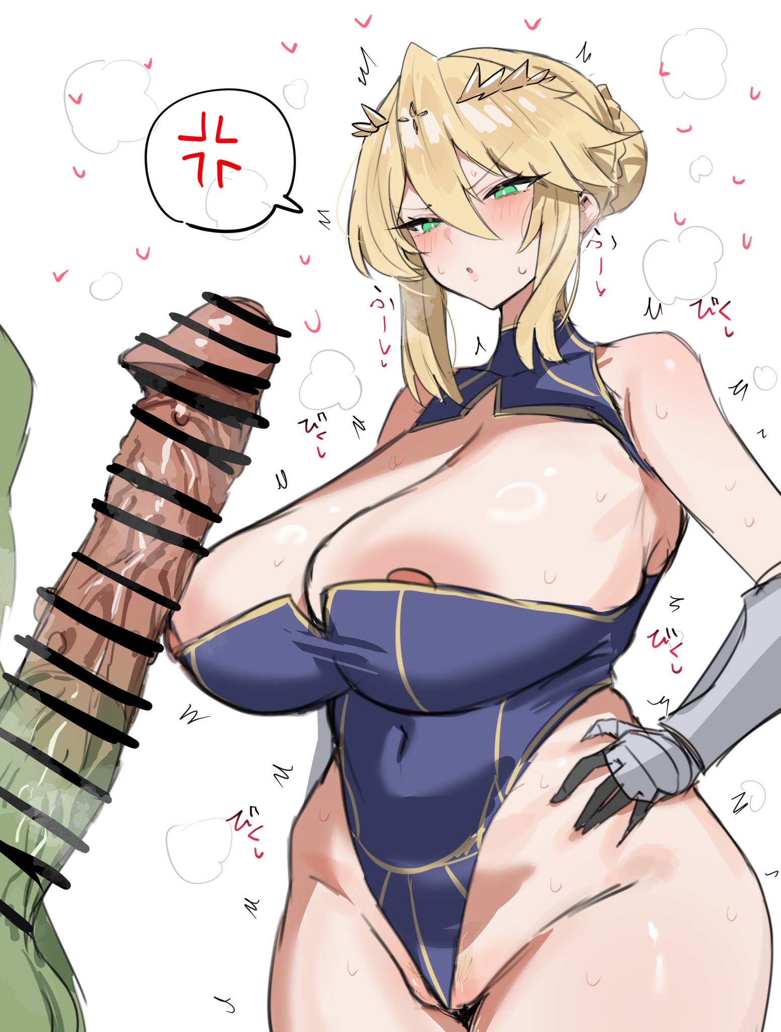 1boy, 1girls, anger vein, angry, angry expression, artoria pendragon, artoria pendragon (lancer), big breasts, big penis, blonde hair, blush, breasts, censor bar, censored, censored penis, fate (series), fate/grand order, female, female focus, fgo servant vs goblin, goblin, goblin male, green eyes, green skin, horn/wood, huge breasts, huge cock, interspecies, large breasts, long penis, looking at penis, male, mature female, monster, nipple slip, penis, penis awe, pubic hair, pubic hair peek, sweat, tagme, voluptuous, voluptuous female, white background
