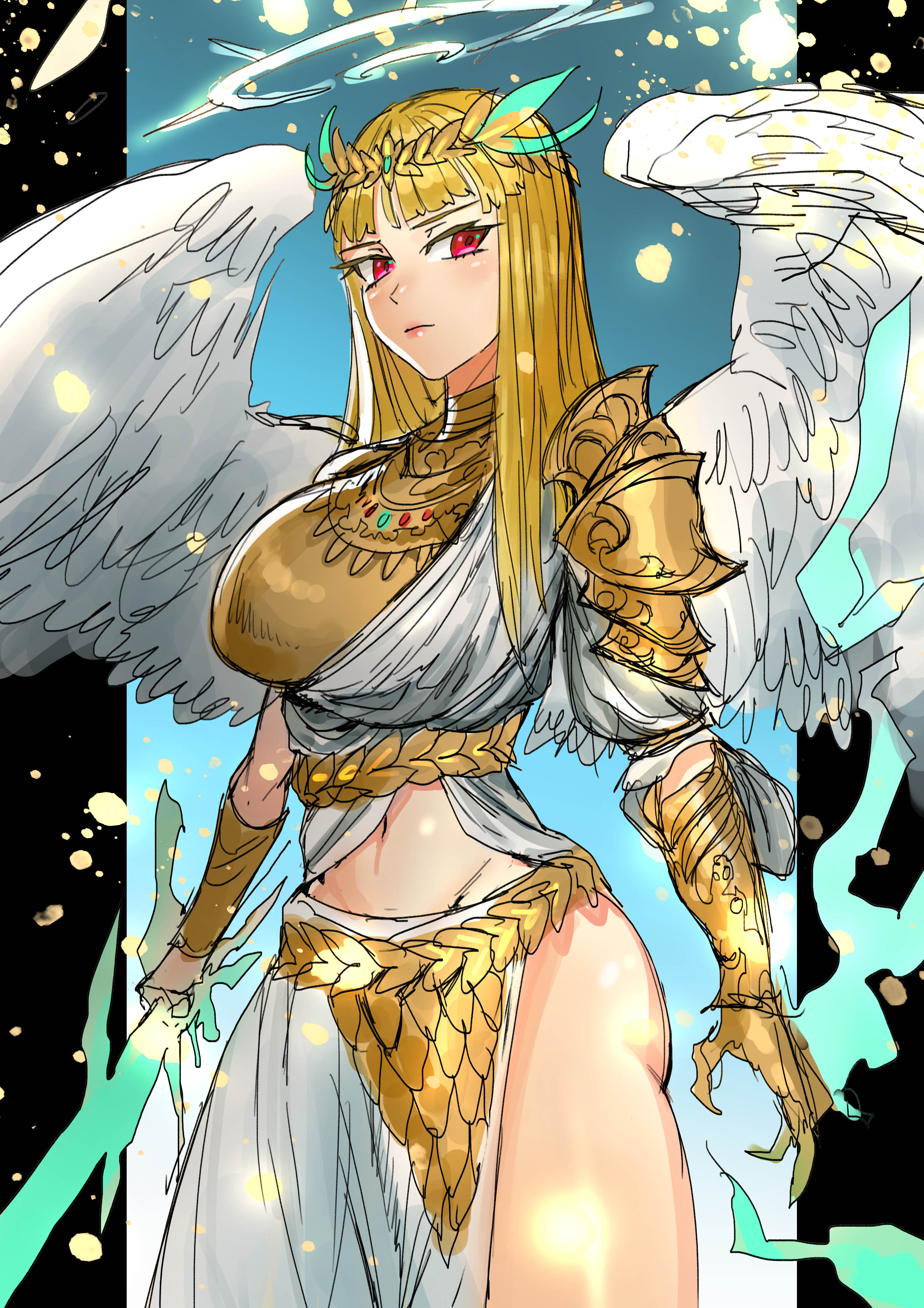 1girls, angel, angel wings, armor, belt, blonde hair, blush, breasts, earrings, female, female pubic hair, jewelry, long hair, looking at viewer, original, pubic hair, sidelocks, solo, soystar, soystarr18, sweat, thighhighs, white thighhighs