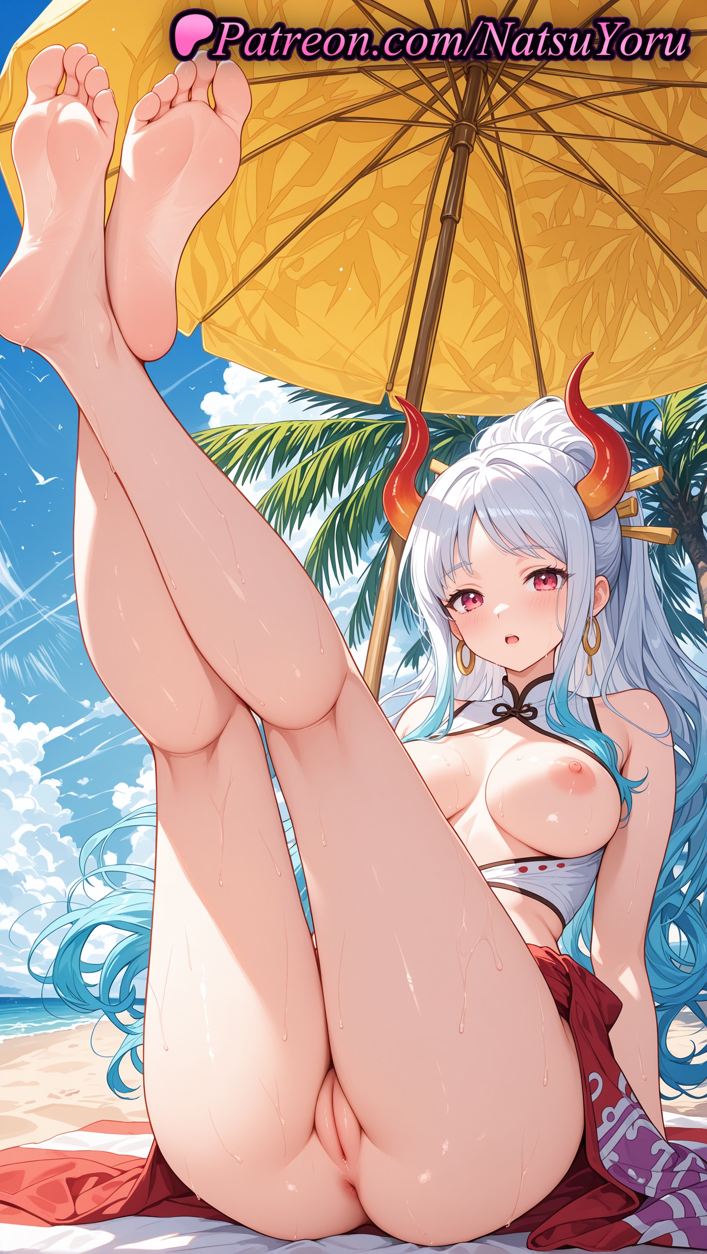 1girls, 2025, ai generated, anus, ass, barefoot, beach, blue hair, blush, breasts, breasts out, clothing, curled horns, earrings, feet, female, female only, hair ornament, hair stick, hi res, highres, hoop earrings, horns, jewelry, large breasts, legs, legs up, long hair, looking at viewer, natsuyoru, nipples, one piece, open mouth, outdoors, palm tree, patreon, pussy, red eyes, red horns, sitting, sky, soles, solo, thighs, toes, umbrella, uncensored, vagina, voluptuous, voluptuous female, wet, white hair, yamato (one piece)