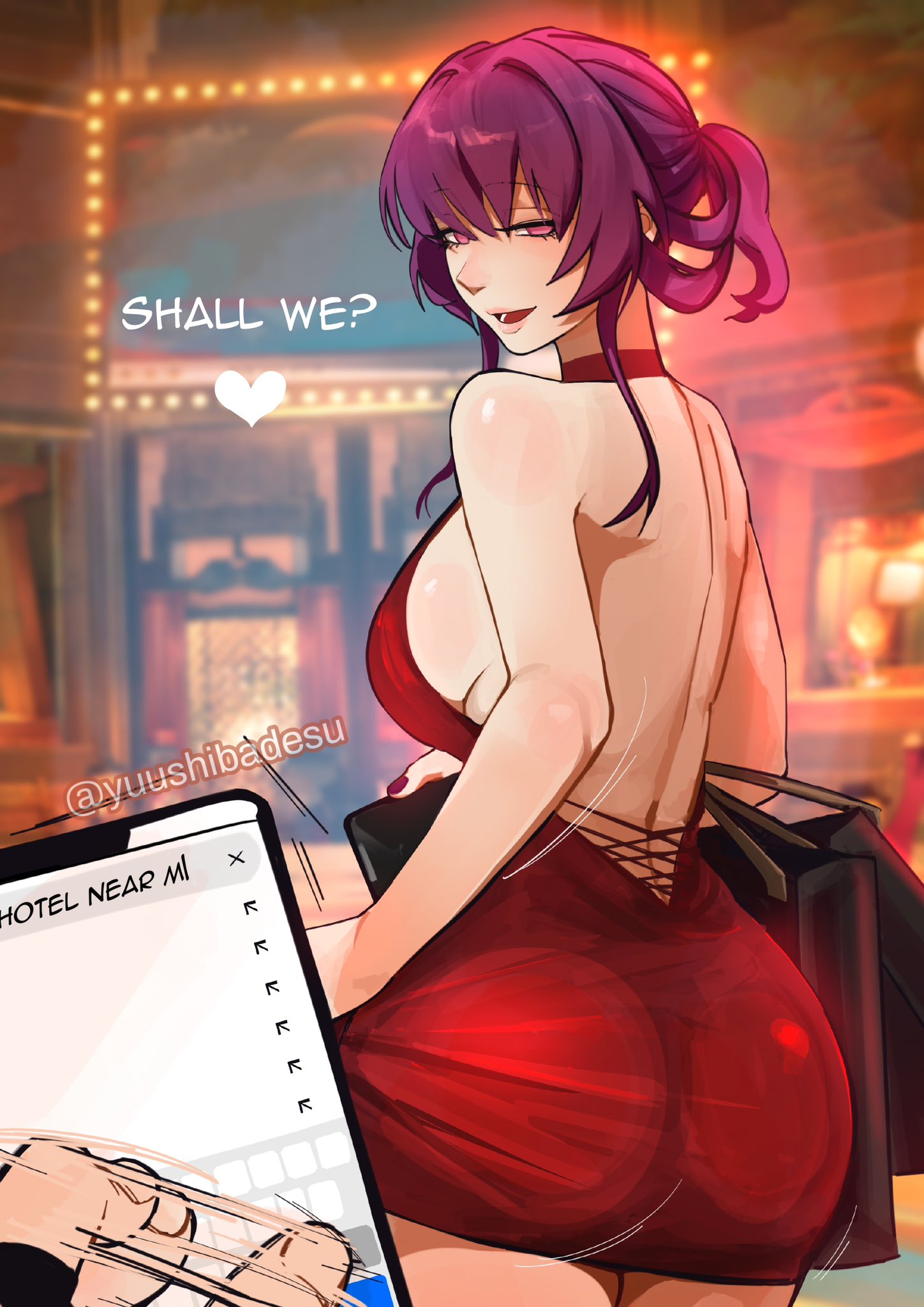 1girls, ass, backless dress, backless outfit, big ass, big breasts, breasts, english text, fat ass, female, honkai: star rail, kafka (honkai: star rail), large breasts, looking at viewer, looking back, male, male pov, naughty face, no bra, on phone, pov, pulling clothing, purple eyes, purple hair, red dress, short ponytail, sideboob, solo focus, teasing, teasing viewer, tight clothing, variant set, yuushiba