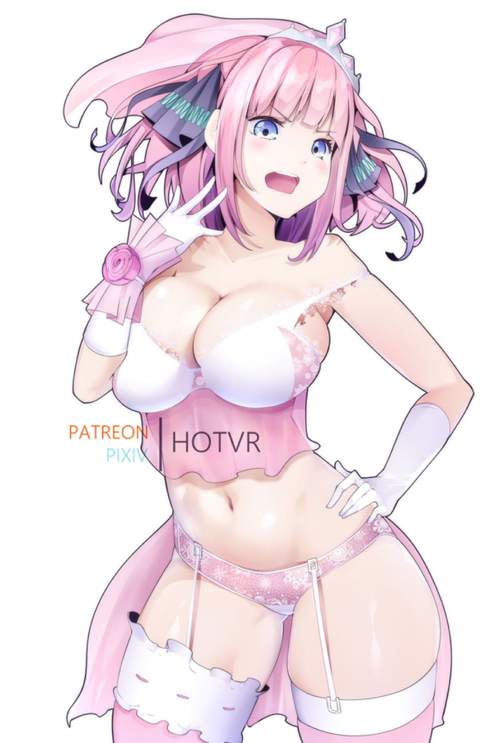 1girls, blue eyes, bra, breasts, cleavage, female, garter straps, gloves, go-toubun no hanayome, hotvr, medium hair, nakano nino, navel, pink hair, simple background, solo, wedding lingerie, white background, white gloves
