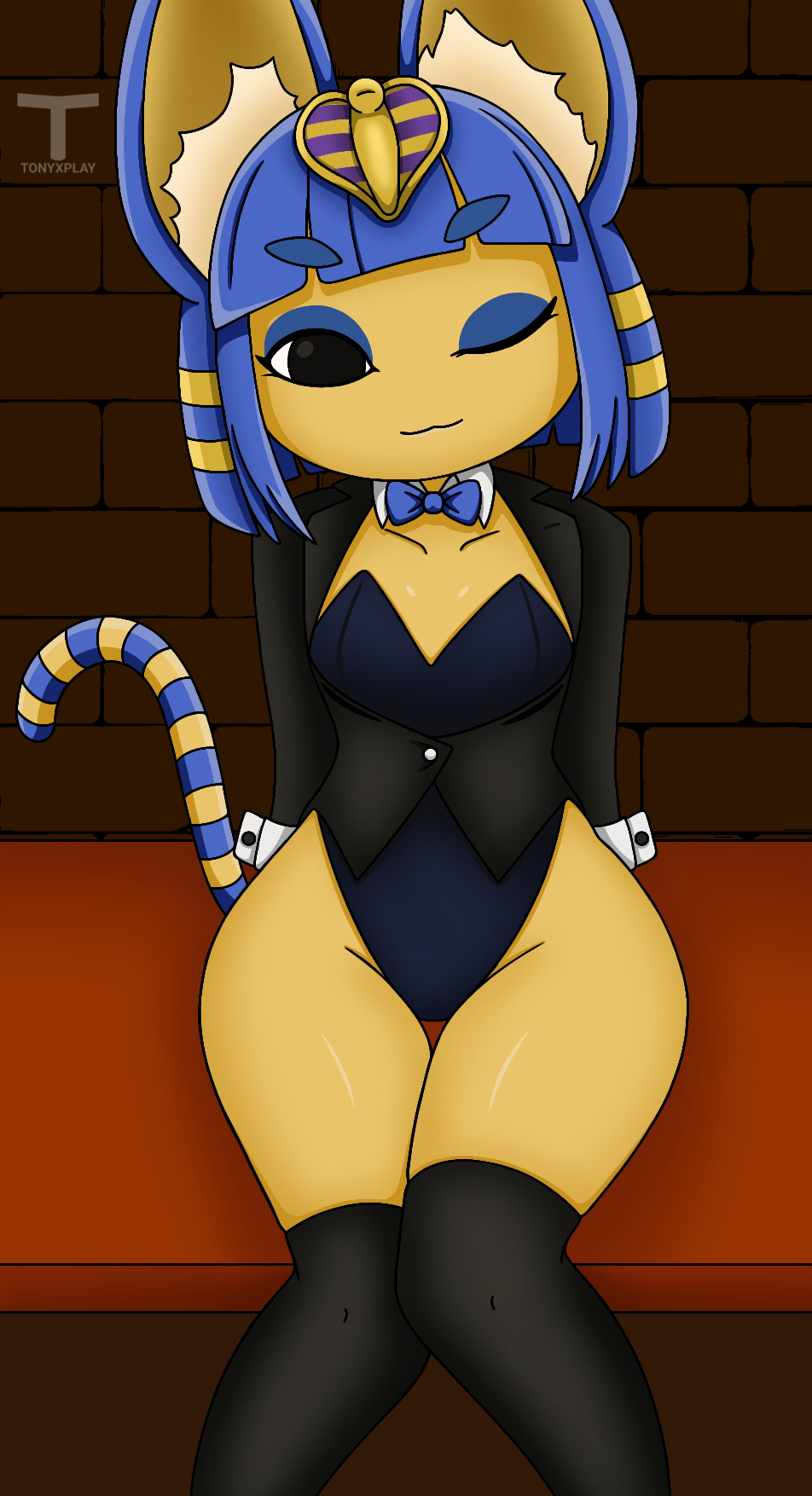 ankha ankha_(animal_crossing) black_eyes black_jacket black_socks blue_hair bunny_costume bunnysuit cat_ears cat_tail catgirl eyeliner furry furry_ears furry_female furry_tail hair_ornament thighs tony_x_play tonyxplay yellow_skin