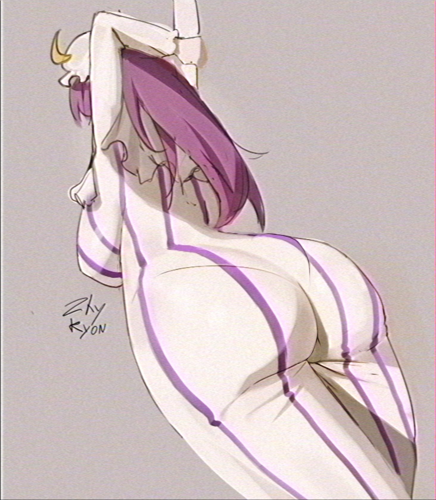 1girls, artist signature, ass, ass focus, breasts, crescent hat ornament, female, hat, huge ass, huge breasts, long hair, patchouli knowledge, purple hair, simple background, sketch, stretching, touhou, vertical-striped clothes, yamyamshimete (artist)