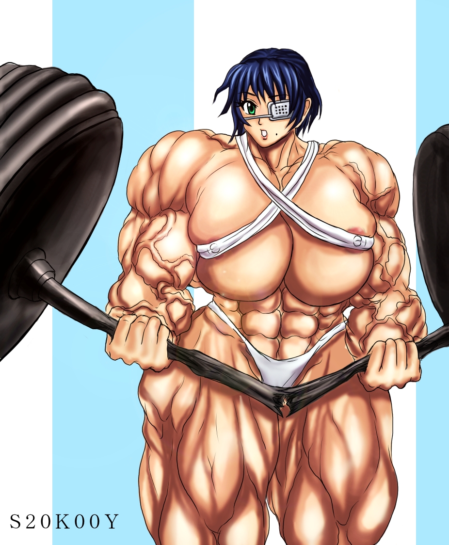 abs barbell breasts extreme_muscles eye_patch ikkitousen large_breasts muscle muscles muscular panties ryomou_shimei s20k00y underwear veins weightlifting weights workout