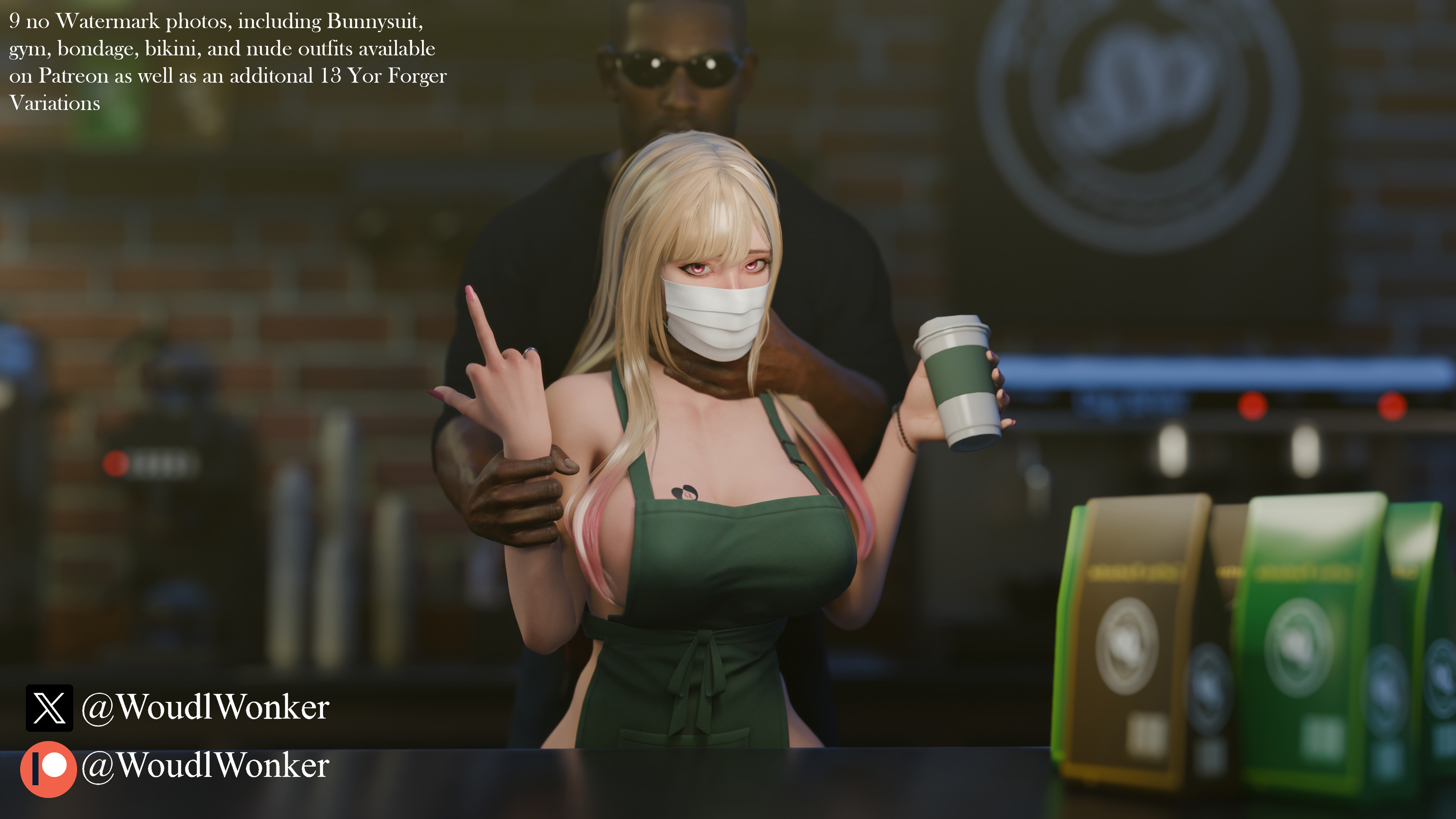 1boy, 1girls, 3d, apron, assassin, big breasts, blonde hair, breasts, coffee, dark skin, dark-skinned male, female, female human, human, interracial, kitagawa marin, kitagawa marin (r2 studio), light skin, light-skinned female, looking at viewer, male, mask, middle finger, neck grab, netorare, ntr, orange hair, pink eyes, queen of spades, r2 studio, restrained, sono bisque doll wa koi wo suru, woudlwonker819