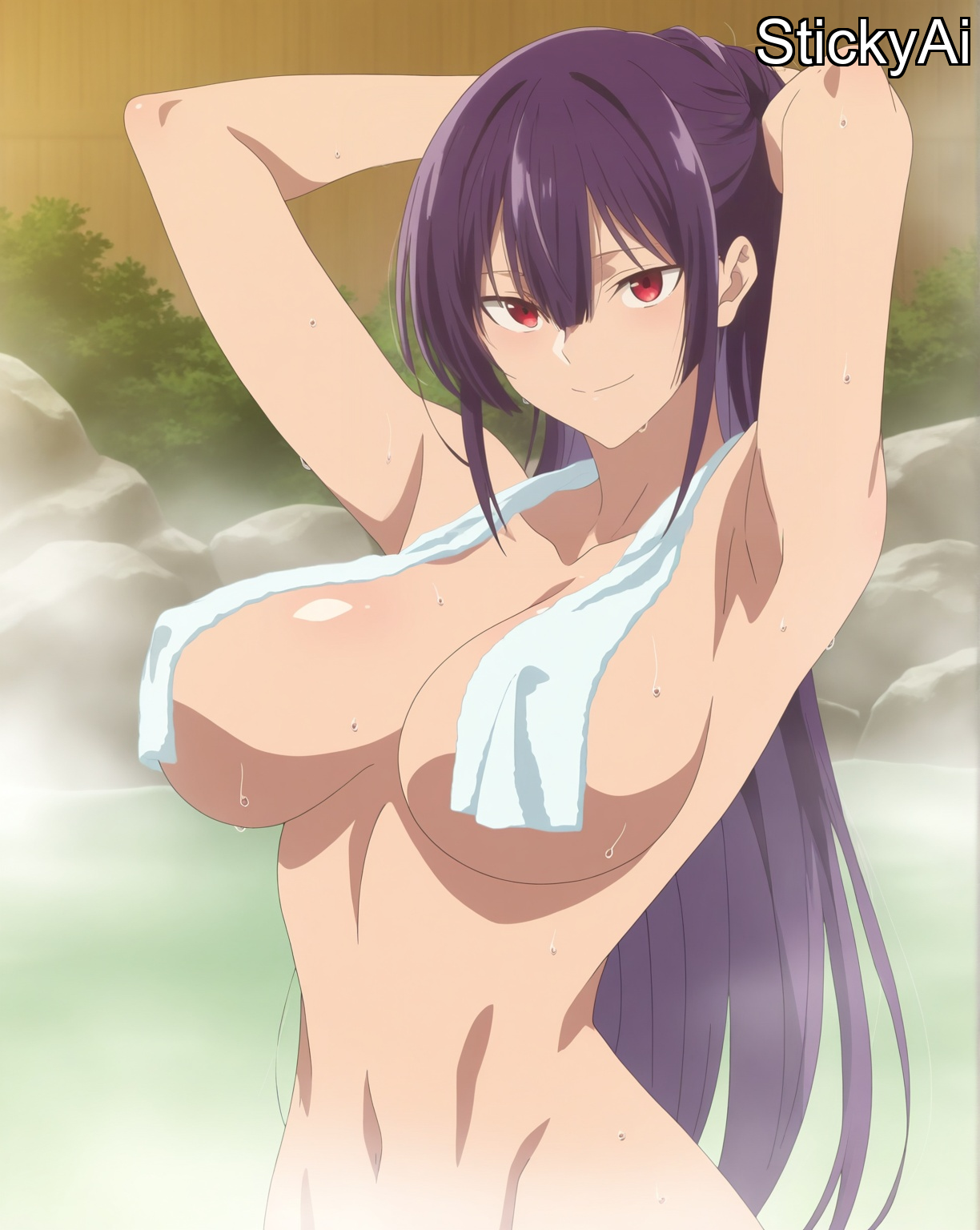 ai generated, anime coloring, bangs, beach, breasts, female, female only, haitekudasai takamine-san, large breasts, long hair, onsen, purple hair, red eyes, steam, stickyai, sweat, takamine takane, wet