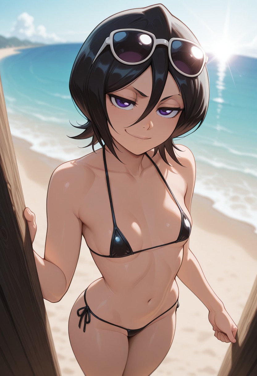 ai generated, beach, black hair, black micro bikini, bleach, breasts, cute, female, kuchiki rukia, looking at viewer, micro bikini, microbikini, petite body, purple eyes, short hair, small breasts, smiling, smug, solo, solo female, sunglasses on head, sunny, zxcfiend