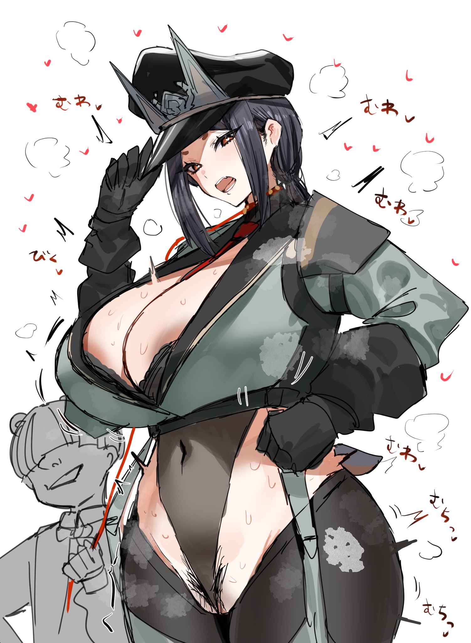 1boy, 1girls, arknights, big breasts, breasts, cleavage, collar, dobermann (arknights), female, femsub, hat, horn/wood, huge breasts, large breasts, leash, leash and collar, male, smaller male, tagme