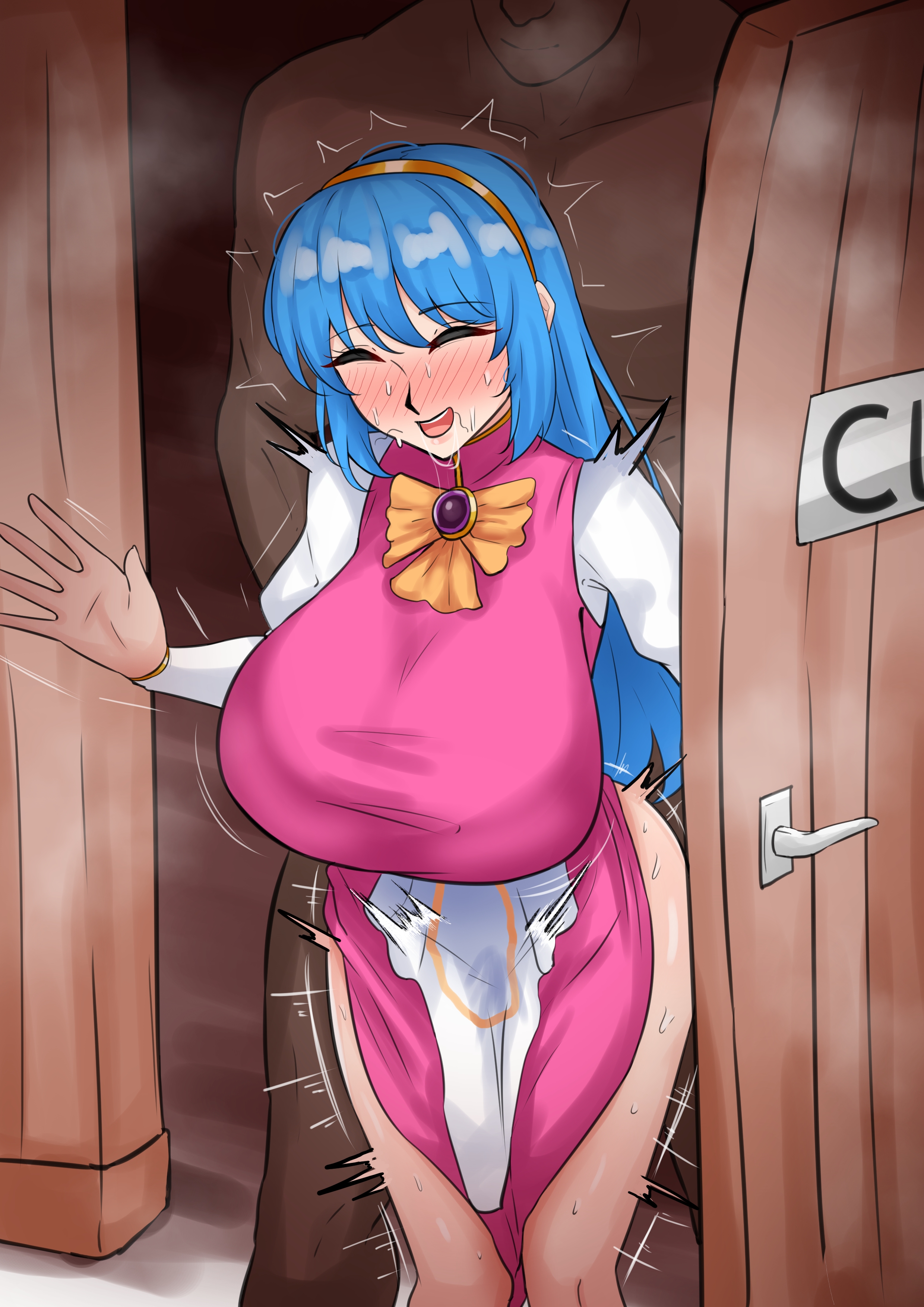 1boy, 1girls, after blowjob, after fellatio, after oral, ass, bangs, blue hair, blush, breasts, breasts bigger than head, closed eyes, closed eyes smile, dark skin, dark-skinned male, doggy style, door, dress, female, gem, hairband, hidden sex, huge ass, huge breasts, implied ntr, implied sex, interracial, jewelry, large ass, large breasts, long hair, lufia, male, motion, motion lines, ntr, open mouth, pendant, pubic hair, pubic hair in mouth, pubic hair on face, puffy sleeves, pussy, saliva, sex, shaking, shopkeeper, sidelocks, sign, skirt lift, smile, standing, stealth sex, stray pubes, stray pubic hair, sweat, thick thighs, thighs, tia, trand1008, trembling, vaginal penetration, waving