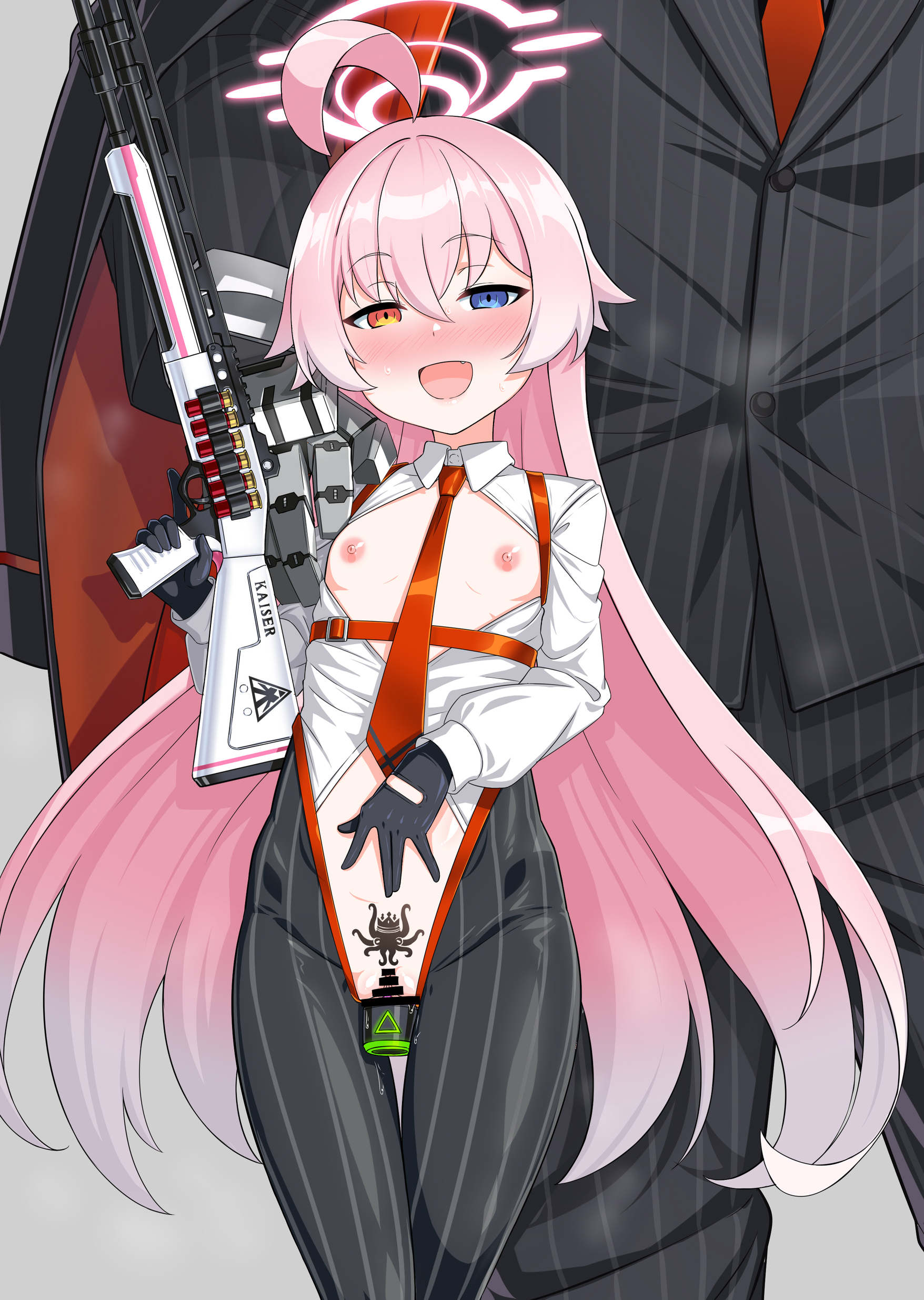 1other, absurdres, age difference, ahoge, alternate costume, alternate universe, ambiguous gender, belly, belly rub, bimbofication, black pants, blue archive, blue eyes, blush, braces, brainwashed, branding mark, breasts, censored, censored pussy, corruption, dark persona, defeat, dildo, embarrassed, female, fingerless gloves, flat chest, flat chested, gloves, gozaru, halo, hand on another's shoulder, heterochromia, highres, hip bones, holding weapon, hoshino (blue archive), kaiser pmc (blue archive), long hair, mind control, necktie, netorare, nipples, oerba yun fang, open mouth, pants, pink hair, pink halo, pubic tattoo, pussy, red necktie, satisfied, sex toy, size difference, small breasts, small nipples, smaller female, striped clothes, striped pants, tattoo, teenage female, teenager, translated, yellow eyes, young, young female, young woman, younger female