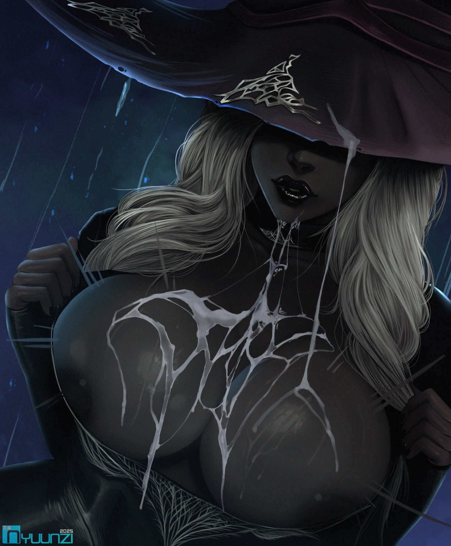 1girls, 2d, areolae, black lipstick, black nails, black nipples, breasts, cleavage, cum, cum on breasts, dark nipples, dark skin, dark-skinned female, elden ring, elden ring nightreign, female, female only, fromsoftware, hat over eyes, huge breasts, nyuunzi, recluse (nightreign), solo, solo female, voluptuous, white hair, witch, witch hat