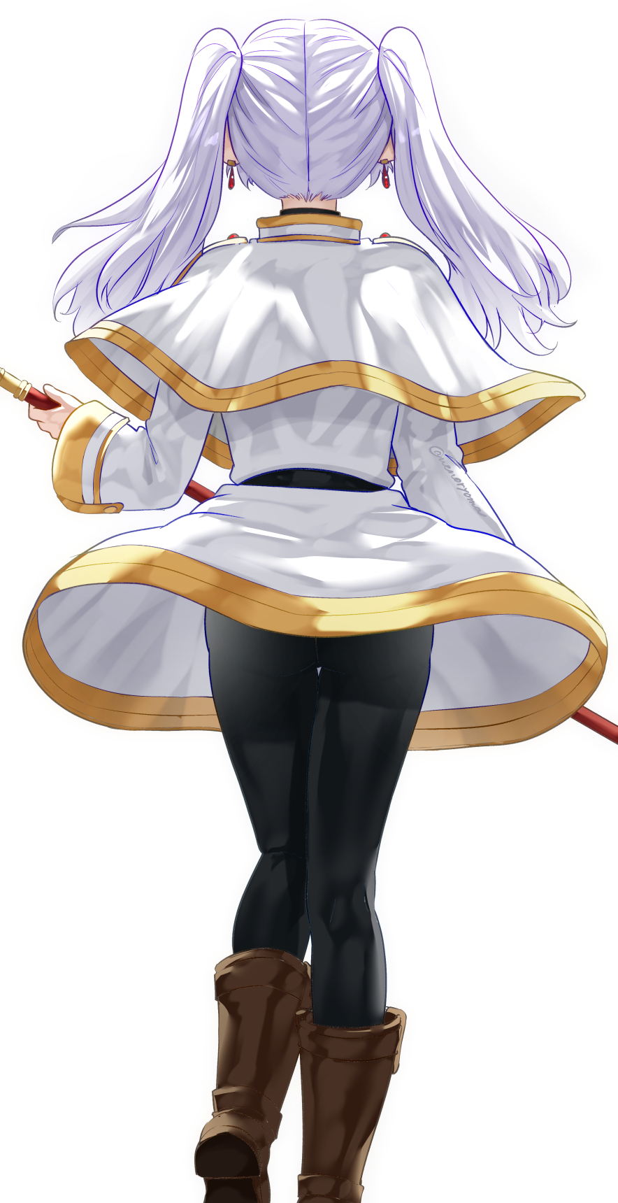 1girls, 2020s, 2023, ass, ass focus, black pantyhose, boots, brown boots, capelet, dress, earrings, elf, elf female, female, floating earring, frieren, from behind, hi res, holding, holding staff, jewelry, kneepits, long sleeves, mage staff, pantyhose, pointy ears, simple background, solo, sousou no frieren, staff, standing, twintails, twitter username, uenoryoma, white background, white capelet, white dress