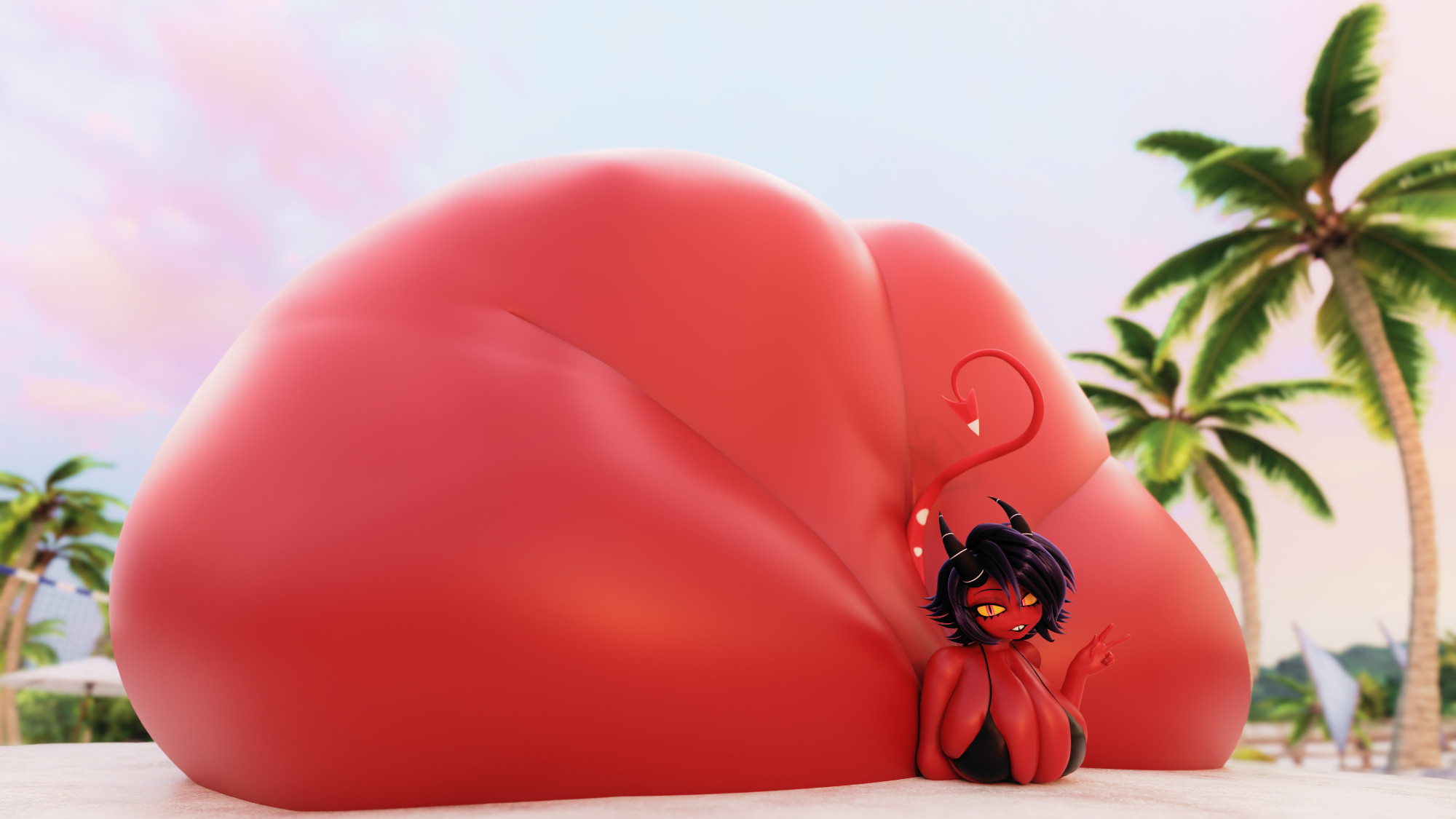ass, ass bigger than body, ass expansion, ass focus, bikini, gigantic ass, helluva boss, hyper, hyper ass, meat wall (body type), millie (helluva boss)