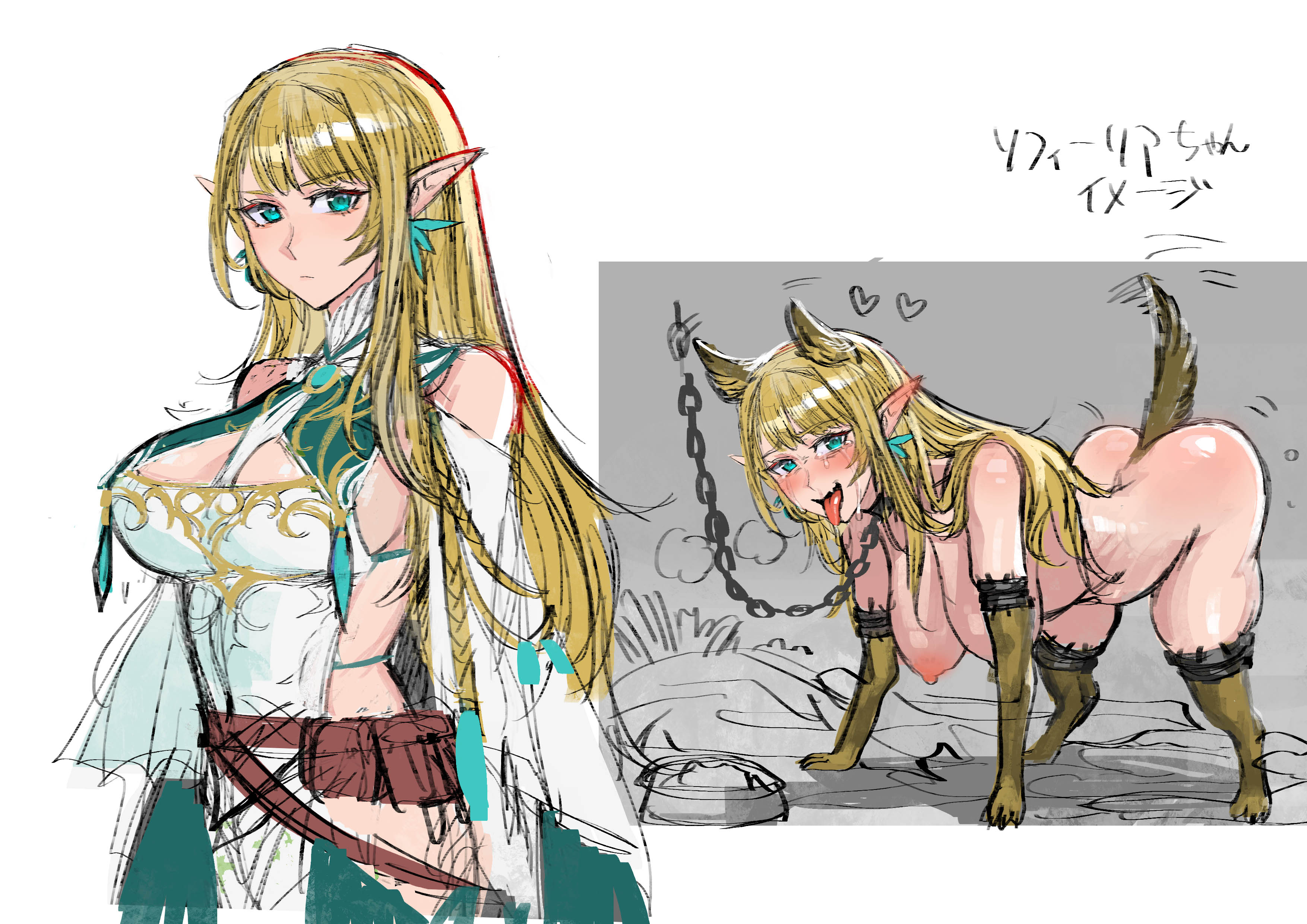 1boy, amputee, armpits, before and after, big breasts, blonde hair, breasts, cleavage, clenched teeth, earrings, elf, elf ears, elf female, female, femsub, green eyes, highres, jewelry, large breasts, long hair, looking at viewer, male, nipples, nude, original, pointy ears, ponytail, quadruple amputee, restrained, scowl, sidelocks, simple background, sketch, solo, soystar, soystarr18, spoken heart, straight, sweat, teeth, thighhighs, tongue, tongue out, trembling, white thighhighs