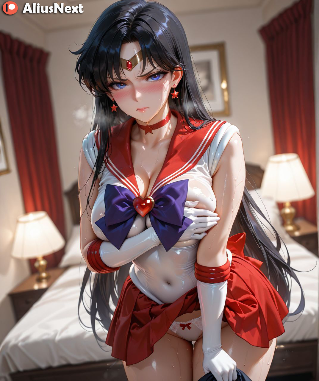 1girls, ai generated, aliusnext, big breasts, bishoujo senshi sailor moon, blush, breasts, female, female only, huge breasts, light skin, light-skinned female, lingerie, looking at viewer, massive breasts, mature, mature female, navel, panties, patreon, rei hino, sailor mars, sailor senshi uniform, solo, sweat, sweatdrop, sweating, sweaty, sweaty body, sweaty breasts, thick, thick hips, thick legs, thick lips, thick thighs, voluptuous, voluptuous body, voluptuous female
