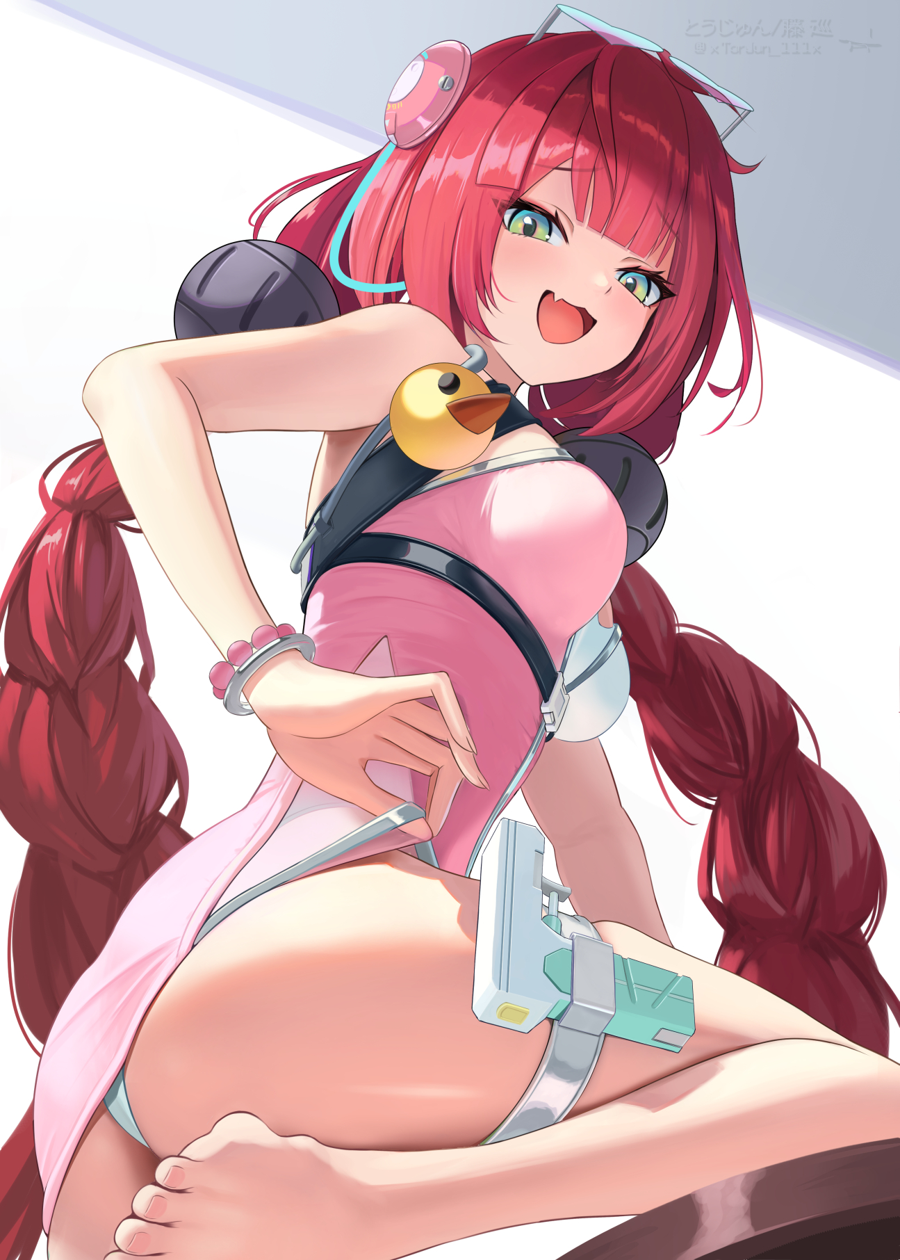 ass, barefoot, braid, braided twintails, breasts, commentary request, cute fang, feet, female, female only, green eyes, highres, long hair, medium breasts, official alternate costume, one-piece swimsuit, pink one-piece swimsuit, red hair, skin fang, solo, swimsuit, toes, torjun 111, twintails, ukinami yuzuha, ukinami yuzuha (tanuki in broad daylight), very long hair, zenless zone zero