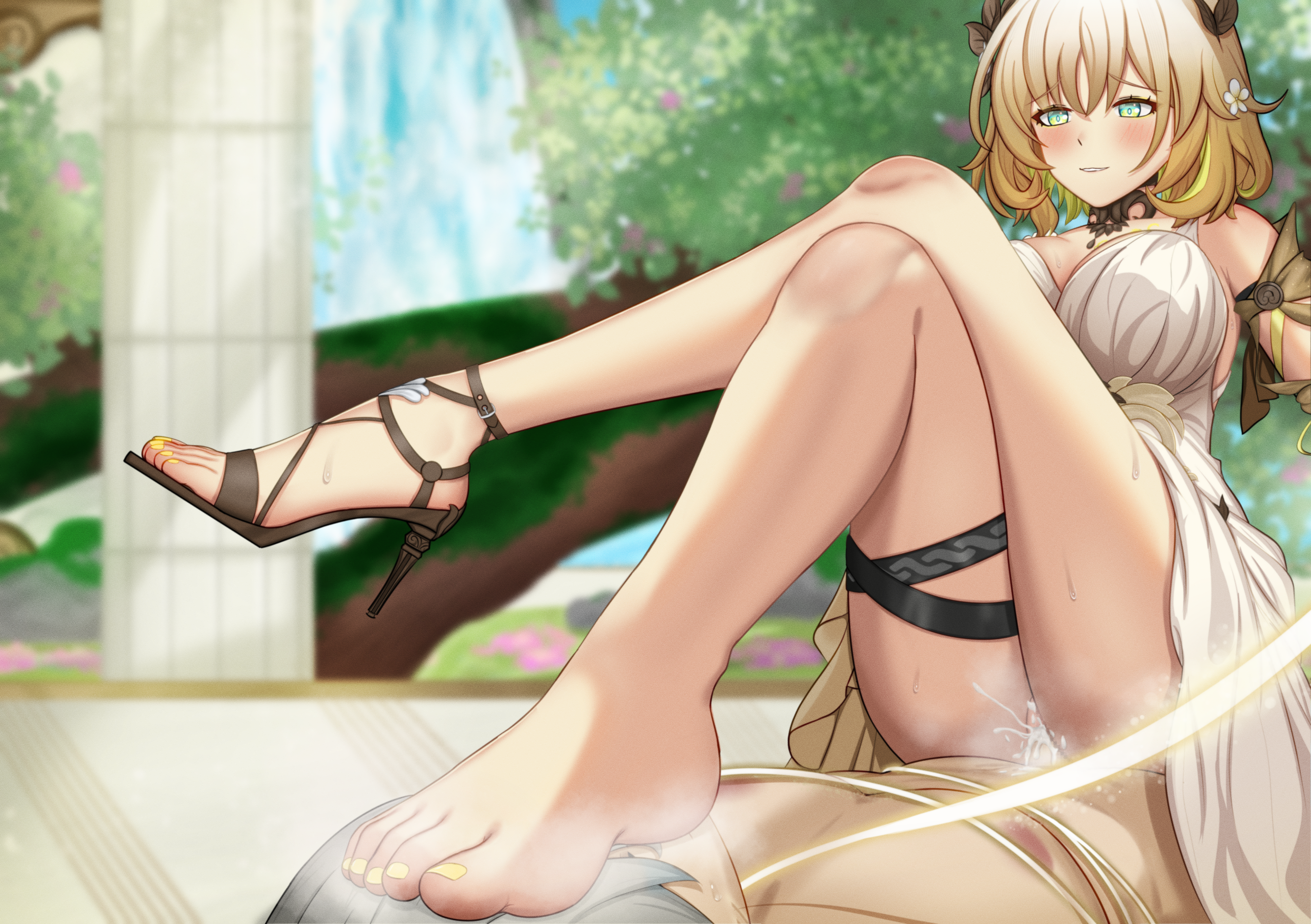 :d, 1boy, absurdres, aglaea (honkai: star rail), armpit crease, bare shoulders, barefoot, blonde hair, blurry, blurry background, breasts, brown sandals, closed mouth, clothed sex, cowgirl position, cross legged riding, crossed legs, cum, cum in pussy, cum overflow, denokoto, dress, ejaculation, feet, female, flower, foot fetish, foot on face, foreshortening, green eyes, hair between eyes, hair flower, hair ornament, high heels, highres, honkai (series), honkai: star rail, large breasts, legs, male, medium hair, nail polish, pussy, sandals, sex, single sandal, sitting, smile, solo focus, steaming body, stiletto heels, straight, strappy heels, thigh strap, toenail polish, toenails, toes, vaginal penetration, white dress, white flower, yellow nails