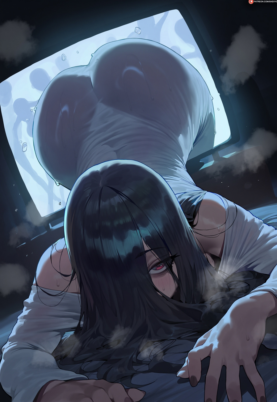 1girls, absurd res, ai assisted, ai generated, ass, ass focus, bent over, big ass, black hair, blush, bottom heavy, bubble ass, bubble butt, clothed, clothing, curvaceous, curvy, curvy female, curvy figure, eyebrows, eyebrows visible through hair, eyelashes, fat ass, female, female focus, female only, glistening, glistening body, hi res, huge ass, large ass, light skin, light-skinned female, looking at viewer, motion lines, pale skin, pale-skinned female, red eyes, shexyo, solo, sweat, sweatdrop, sweaty, the ring, thick thighs, twitter link, voluptuous, voluptuous female, wide hips, yamamura sadako