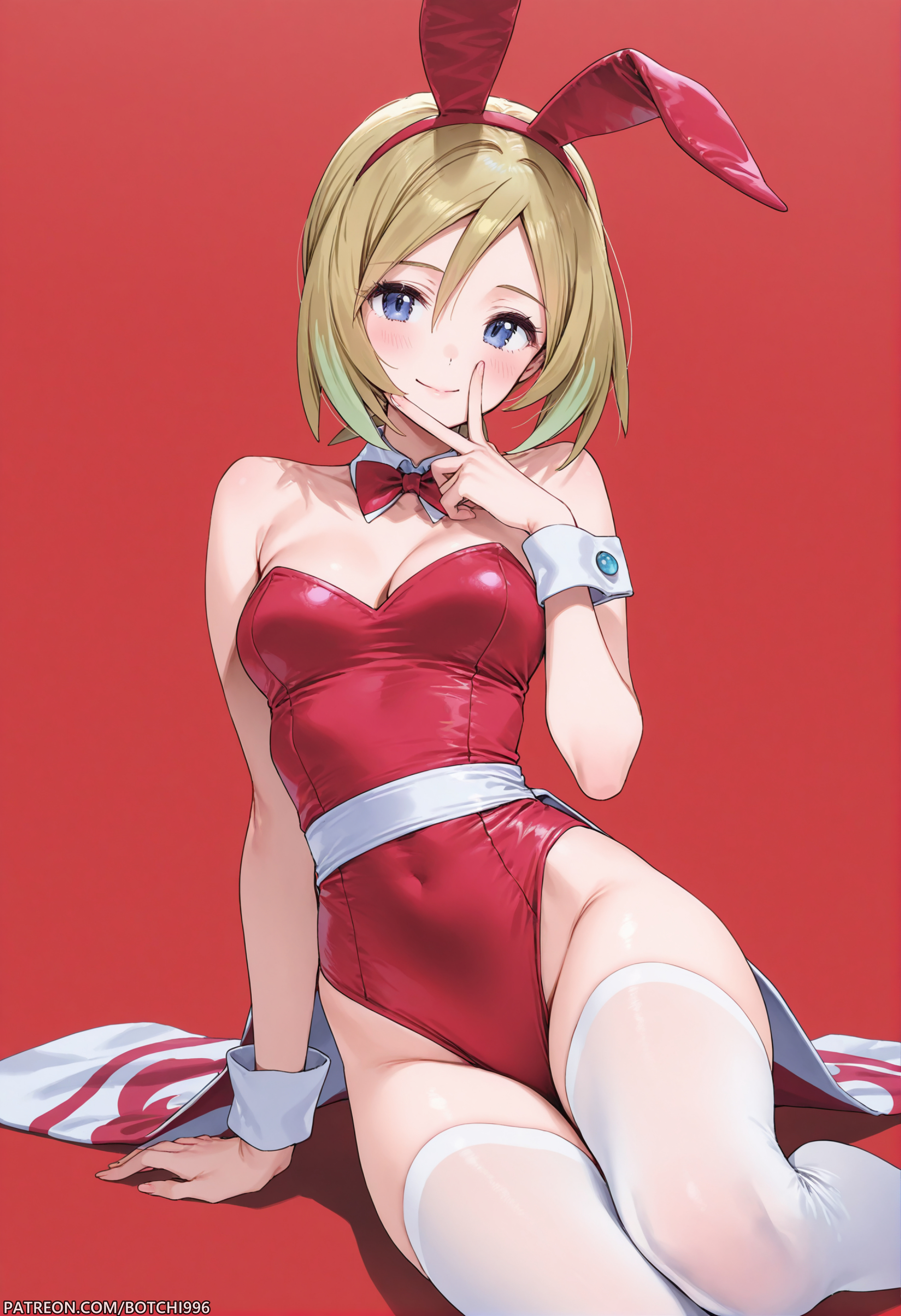 1girls, ai generated, blonde hair, blue eyes, botchi996, breasts, bunny ears, bunnysuit, female, female only, irida (pokemon), pokemon, thighhighs