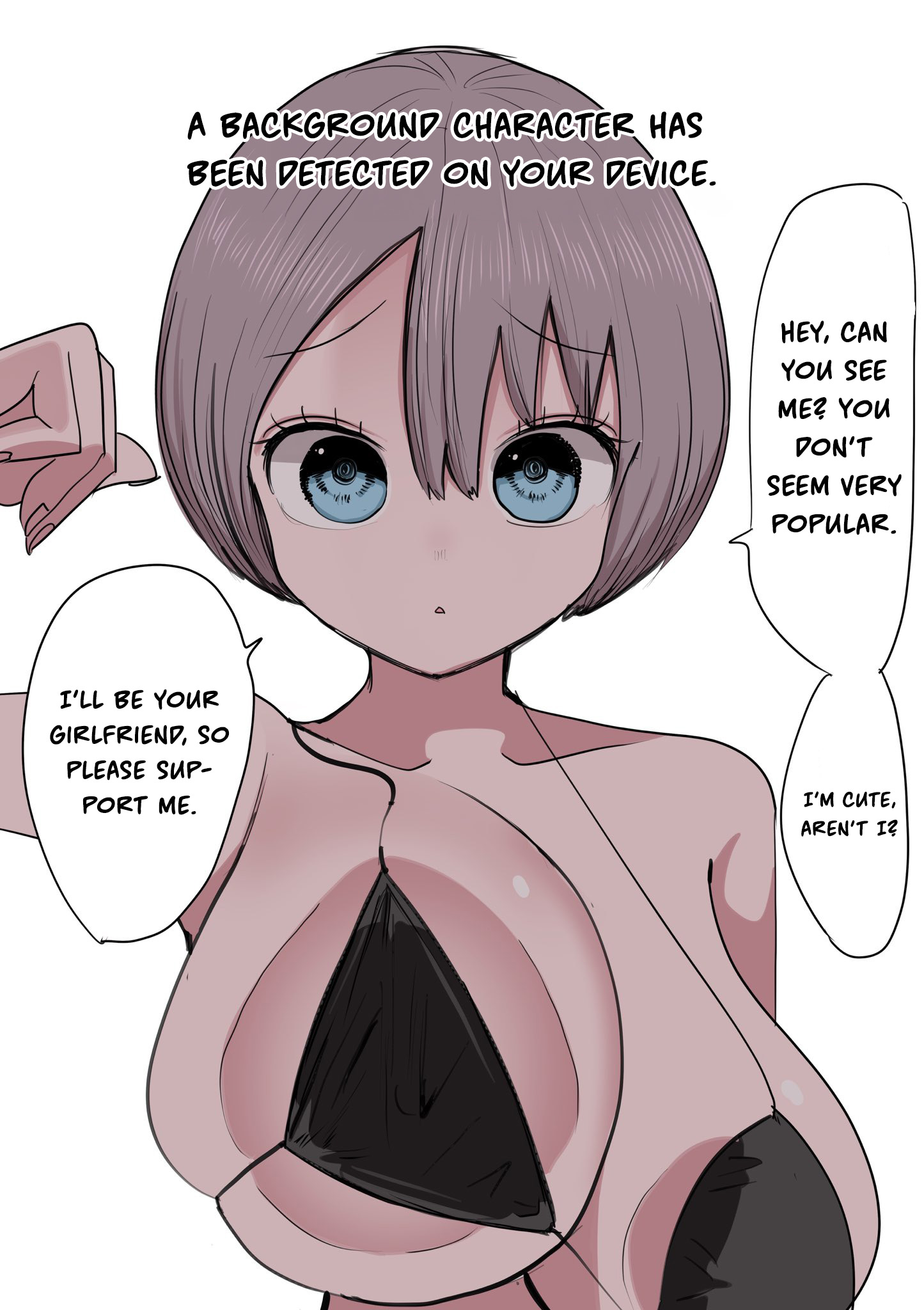 areola slip, bikini, black bikini, blue eyes, bob cut, botsuko-chan (zurikishi), breasts, covered erect nipples, facing viewer, female, grey hair, hair between eyes, highres, huge breasts, large areolae, looking at viewer, original, short hair, simple background, solo, speech bubble, swimsuit, translation, white background, zurikishi