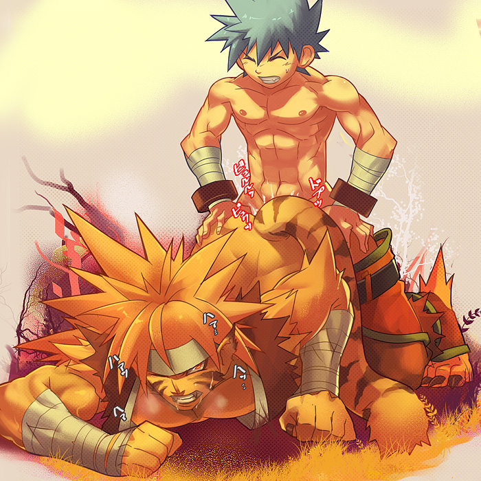 2boys anal animal_ears blonde_hair blue_hair breath_of_fire breath_of_fire_iii cat_ears cat_tail catboy clothing cum doggy_style nude rei_(breath_of_fire) ryuu_(breath_of_fire_iii) tail yaoi