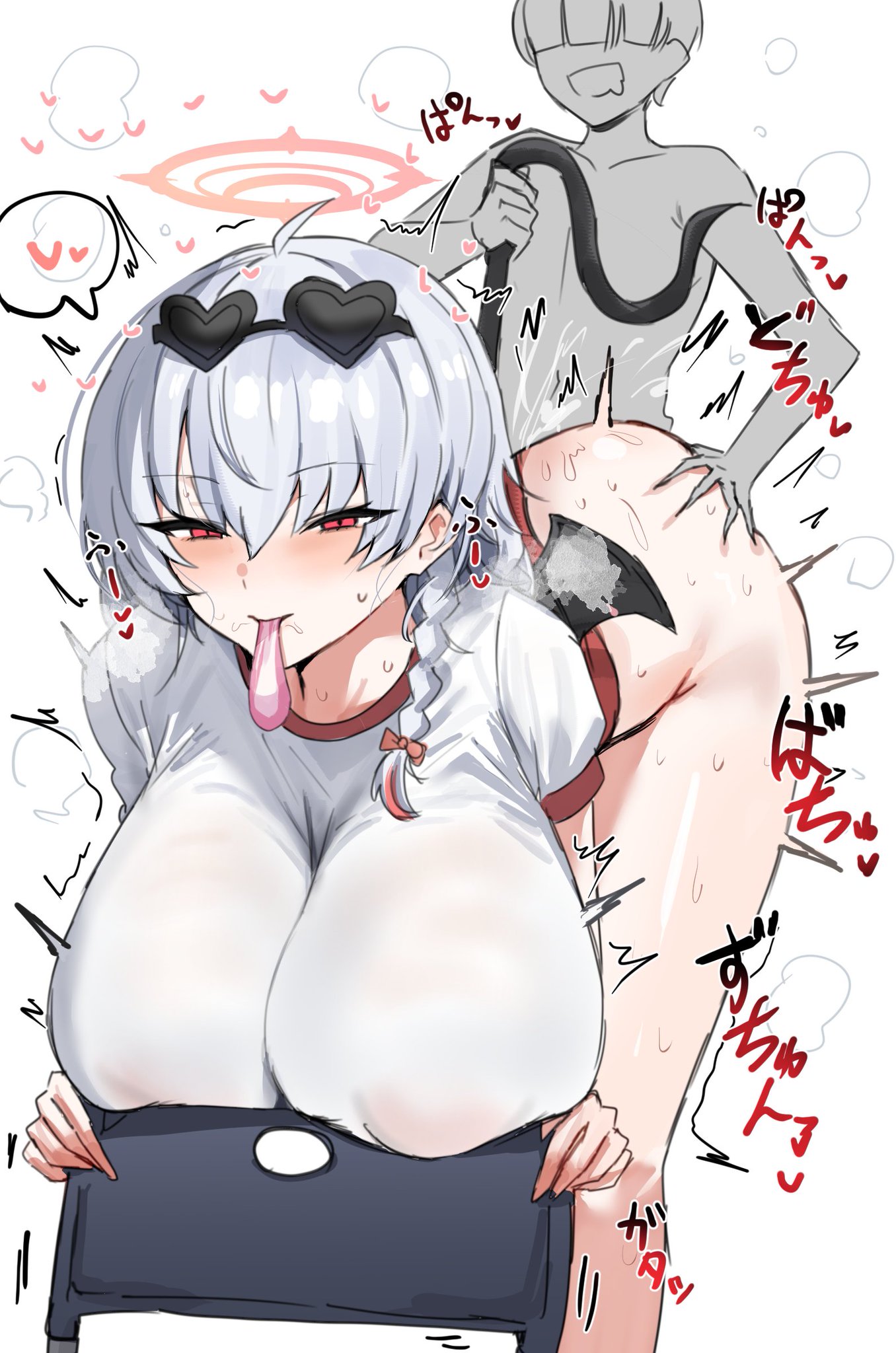 1boy, 1girls, big breasts, blue archive, breasts, female, haruna (blue archive), haruna (gym uniform) (blue archive), haruna (track) (blue archive), horn/wood, male, sex, small dom big sub, smaller male, tagme, young, younger male