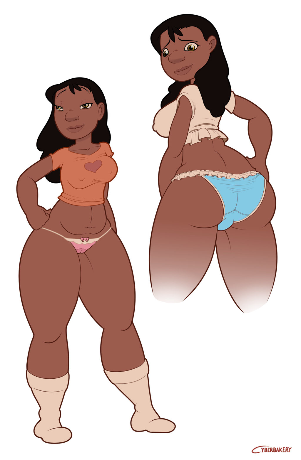 ass, big ass, crop top, cybertoaster, female, lilo and stitch, nani pelekai, nipples visible through clothing, panties, socks