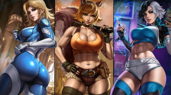 2025, 2d, 3girls, abs, ass, ass visible through thighs, athletic, athletic female, back view, backside, belt pouch, big ass, big breasts, black and white hair, blonde, blonde female, blonde hair, blonde-haired female, blue clothing, bodysuit, breasts, busty, busty female, choker, cleavage, clothed, clothed female, dandon fuga, deviantart, deviantart link, digital drawing (artwork), digital media (artwork), fantastic four, female, female only, fingerless gloves, fully clothed, headband, heterochromia, holding object, holding phone, huge ass, invisible woman, invisible woman (marvel rivals), large breasts, light skin, light-skinned female, luna snow, luna snow (marvel rivals), marvel, marvel comics, marvel rivals, milf, minishorts, multicolored clothing, no ai, orange clothing, phone, pinup, selfie, short hair, shorts, skindentation, sports bra, squirrel ears, squirrel girl, squirrel girl (marvel rivals), squirrel girl (marvel), squirrel tail, sue storm, superheroine, thick thighs, thighhighs, toned ass, two-tone hair, video game character, video games, wallpaper, white clothing, white shorts