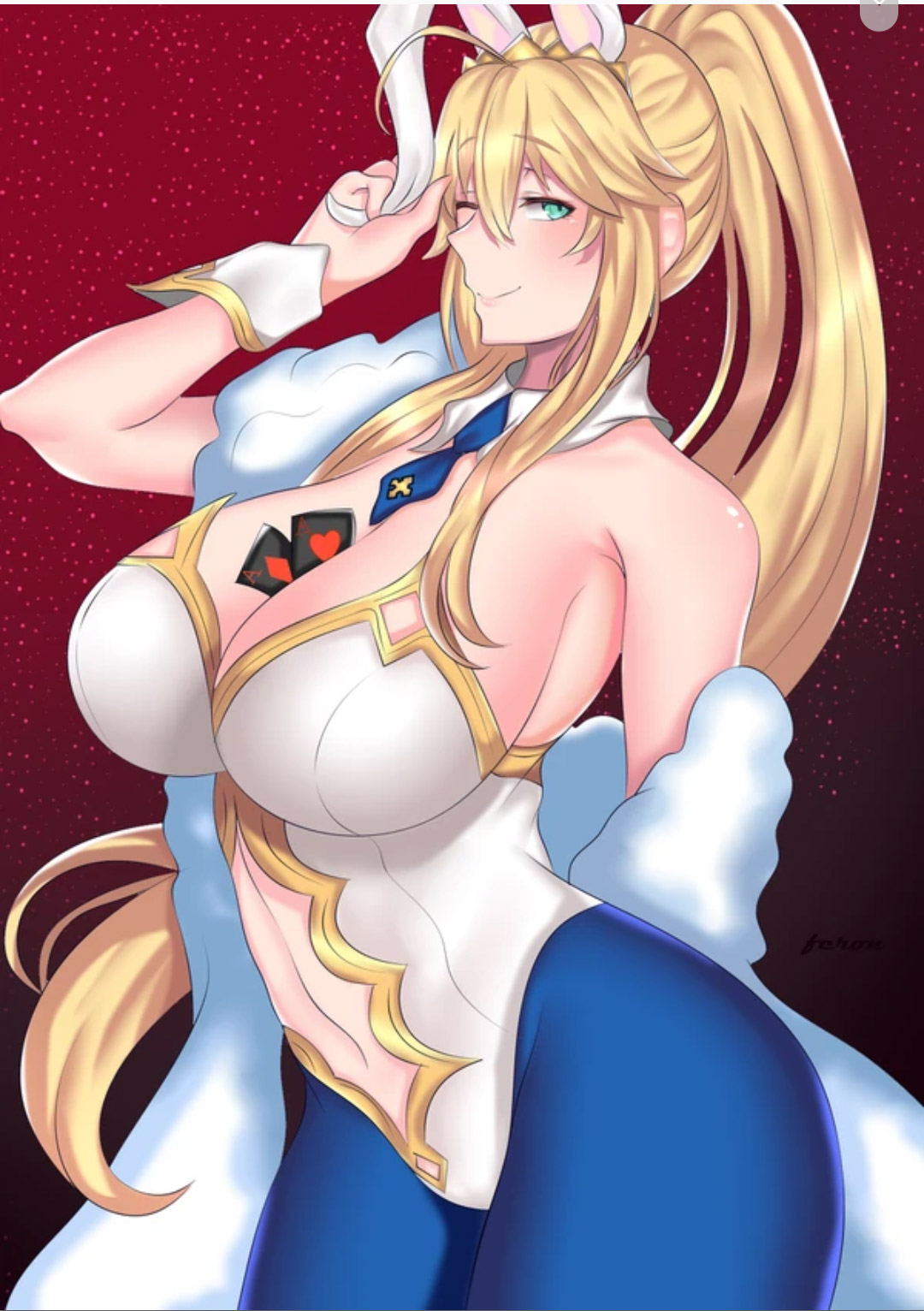 artoria pendragon, artoria pendragon (lancer), artoria pendragon (swimsuit ruler), ass, between breasts, big ass, blonde hair, blue eyes, breasts, bunny ears, bunny girl, bunnysuit, cleavage, exposed belly, fate (series), fate/grand order, female, fenuxron, large breasts, long hair, pantyhose, poker cards, ponytail, smile, solo female, wink