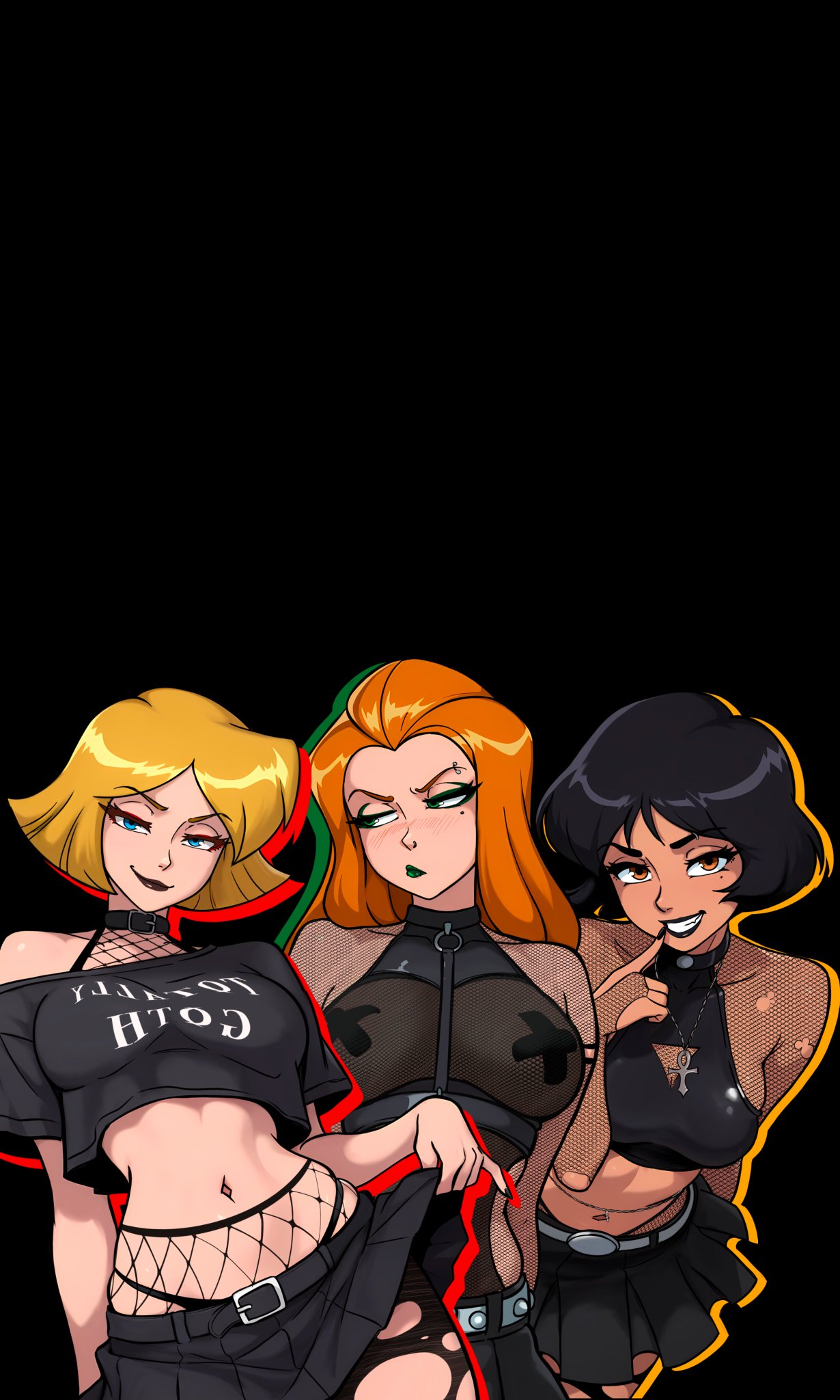 3girls, ai generated, alex (totally spies), ass, big ass, big breasts, black background, breasts, bust, busty, chest, clover (totally spies), curvaceous, curvy, curvy figure, digital media (artwork), female, goth, goth girl, hips, hourglass figure, legs, light skin, light-skinned female, mature, mature female, naughty face, redpostit, sam (totally spies), simple background, slim waist, standing, thick, thick hips, thick legs, thick thighs, thighs, totally spies, voluptuous, waist, wide hips