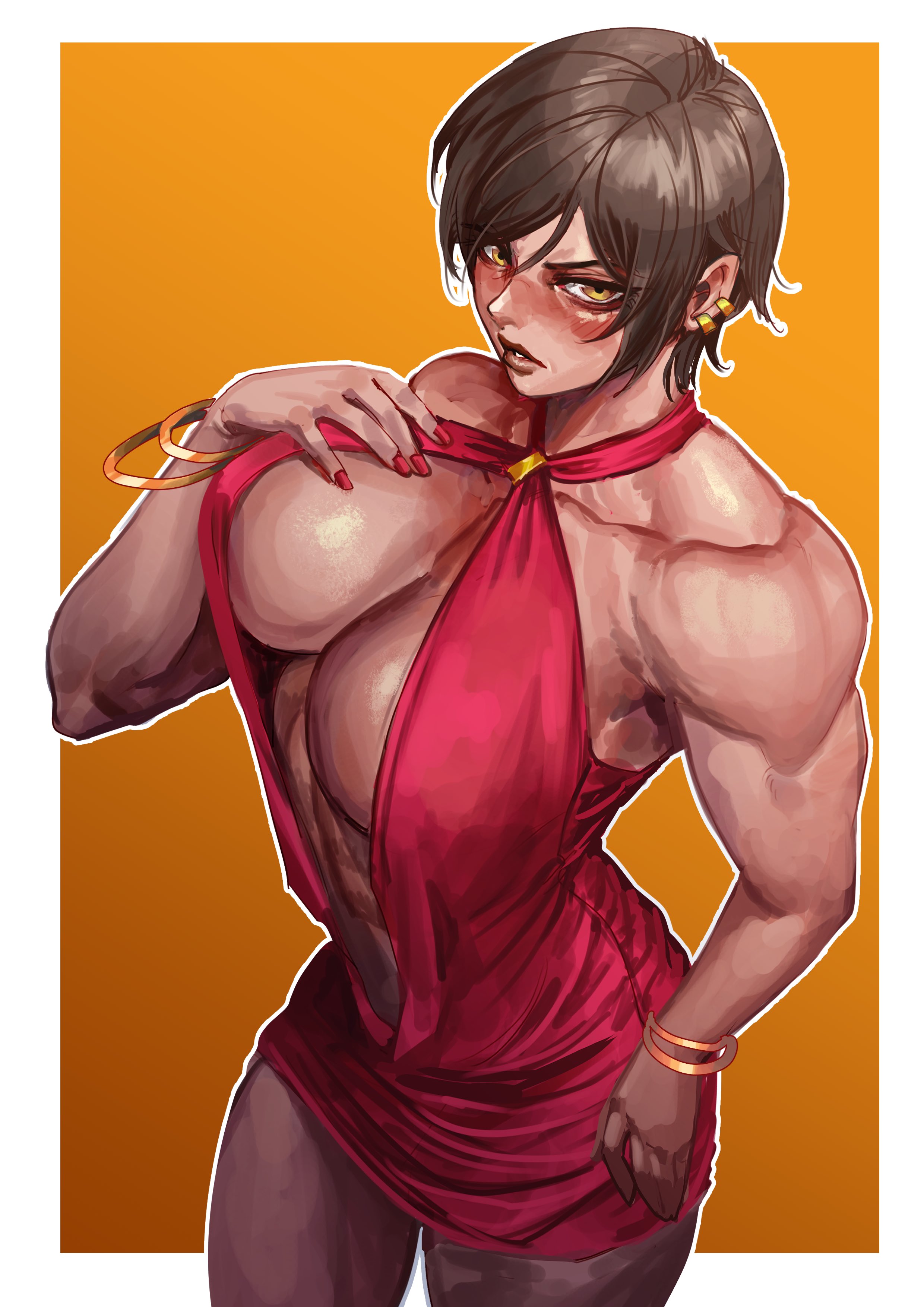 1girls, alternate body type, amber eyes, big breasts, breasts, dark skin, dark-skinned female, dress, female, limbus company, looking at viewer, muscles, muscular, muscular arms, muscular female, outis (limbus company), project moon, red dress, short hair, virgoart1509