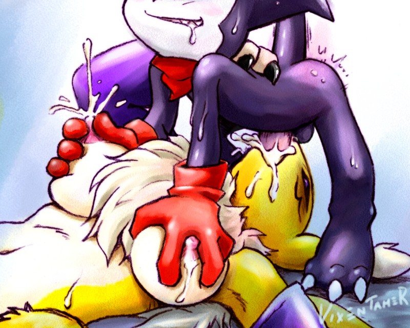 1boy, 1girls, anthro, bukkake, canine, deepthroat, demon, digimon, digimon (species), digimon tamers, faceless male, fellatio, female, female focus, fox, furry, furry only, imp, impmon, irrumatio, lactation, male, milk, monster, monster boy, nude, oral, renamon, straight hair