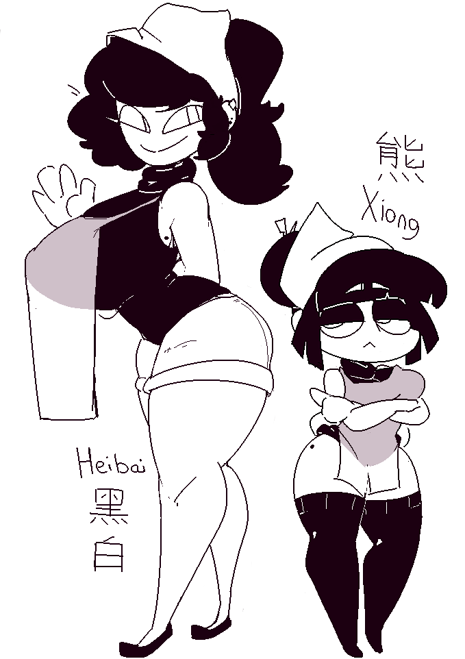 2022, 2d, 2girls, apron, black hair, black shirt, black thighhighs, bonnet, breasts, character name, commentary, crossed arms, female, female focus, gountro, greyscale, half-closed eyes, heibai (gountro), hourglass figure, huge breasts, long hair, looking at viewer, monochrome, narrow waist, original, original character, ponytail, shoes, shortstack, sideboob, simple background, sleeveless shirt, smug, taller female, thick thighs, thighhighs, wide hips, xiong (gountro)