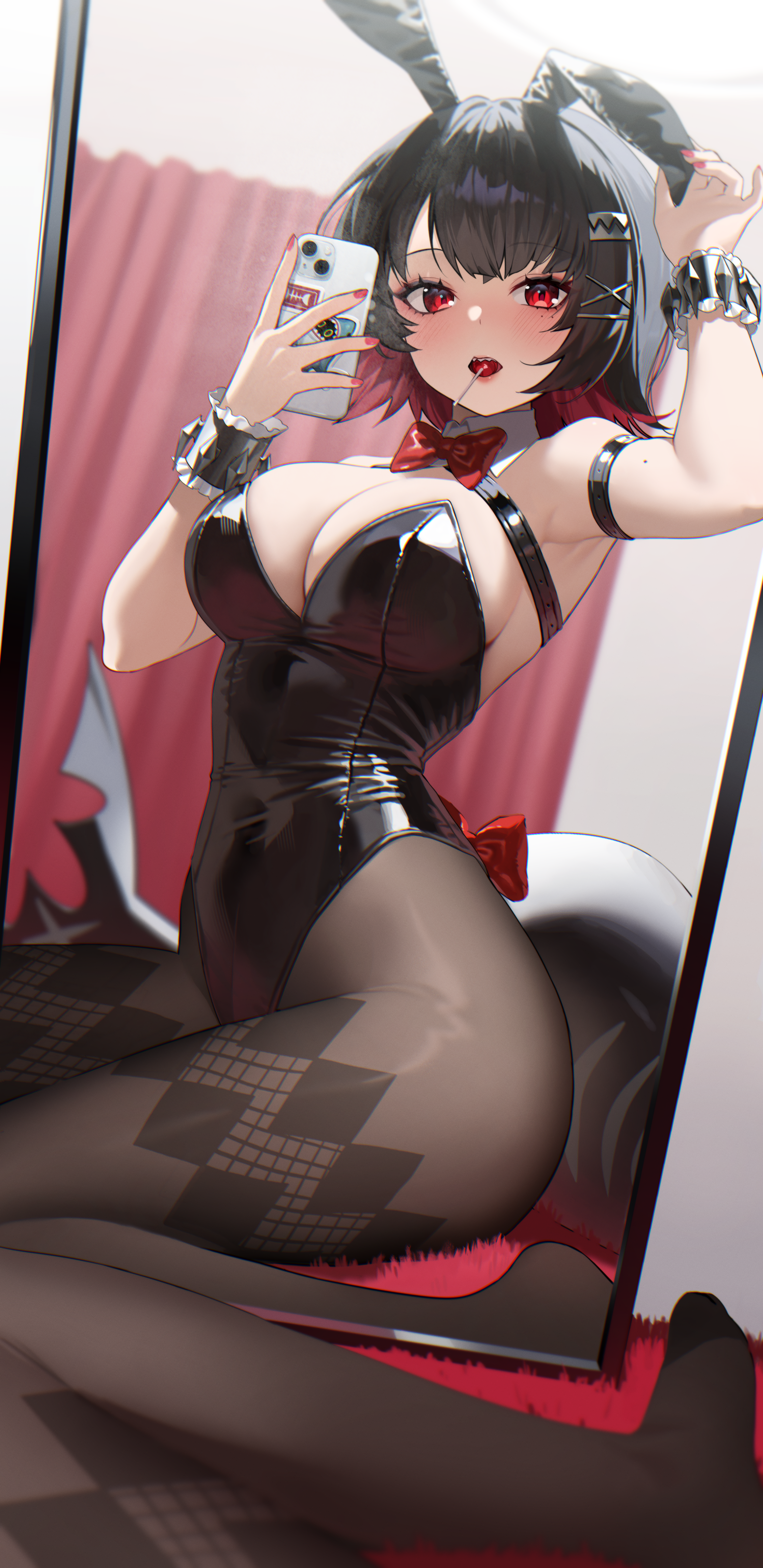 1girls, absurdres, alternate costume, animal ear hairband, animal ears, armpits, ayoni 623, black hair, black leotard, black pantyhose, blush, bow, bowtie, breasts, candy, carpet, cellphone, character sticker, chest harness, colored inner hair, curtains, detached collar, ellen joe, fake animal ears, female, female only, food, food in mouth, hairband, hands up, harness, highres, holding, holding phone, indoors, iphone, large breasts, leotard, lollipop, looking at mirror, mirror, multicolored hair, pantyhose, phone, rabbit ear hairband, rabbit ears, red bow, red bowtie, red eyes, red hair, selfie, sharkboo (zenless zone zero), short hair, sitting, smartphone, solo, strapless, strapless leotard, wariza, wrist cuffs, zenless zone zero