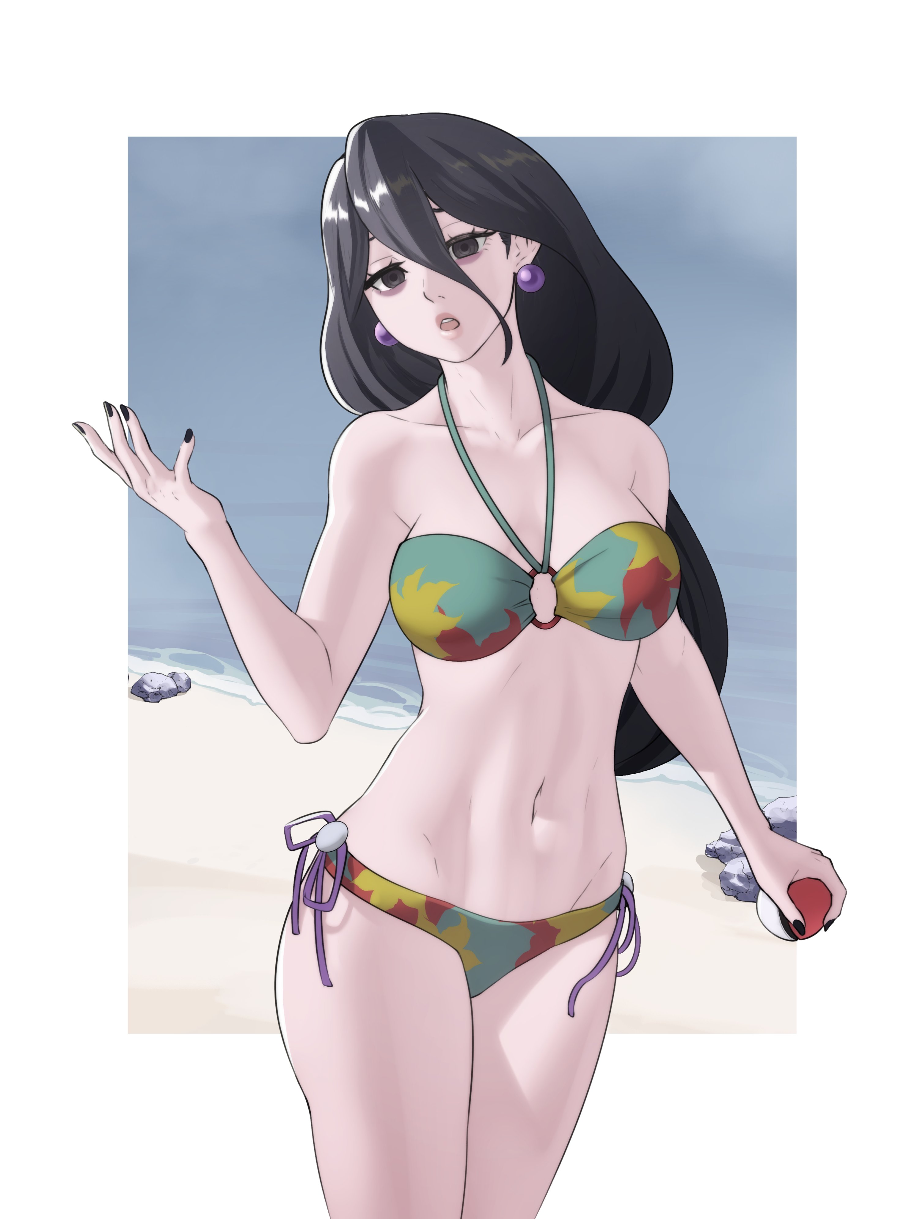 1girls, absurdres, armpits, bags under eyes, bare shoulders, bare thighs, beach, bikini, black eyes, black hair, black nails, breasts, collarbone, cosplay, earrings, female, female only, game freak, green bikini, green swimsuit, hair between eyes, hex maniac, hex maniac (pokemon legends: z-a), highres, holding, holding poke ball, jewelry, long hair, looking at viewer, medium breasts, multicolored bikini, nail polish, navel, nintendo, o-ring, o-ring bikini, ocean, open mouth, outdoors, poke ball, pokemon, pokemon legends: z-a, pokemon swsh, pomelomelon, rock, sand, solo, standing, stomach, swimmer (pokemon), swimmer (pokemon) (cosplay), swimsuit, thighs, very long hair