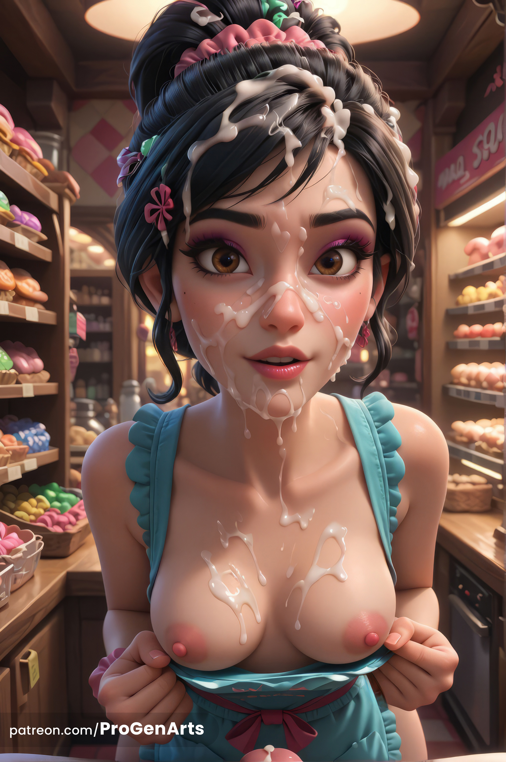 1boy, 1boy1girl, 1girls, ai generated, apron, artist name, bare shoulders, black hair, blue apron, blush, breasts, breasts out, brown eyes, bukkake, collarbone, cum, cum on body, cum on breasts, cum on clothes, cum on hair, disney, earrings, eyelashes, eyeshadow, facial, female, flower, food, green apron, hair flower, hair ornament, hi res, indoors, jewelry, lips, looking at viewer, makeup, male, mascara, medium breasts, mole, mole under eye, naked apron, nipples, nose, parted lips, patreon username, penis, pink scrunchie, pov, progenarts, realistic, scrunchie, shop, smile, solo focus, straight, teeth, uncensored, vanellope von schweetz, watermark, web address, wreck-it ralph