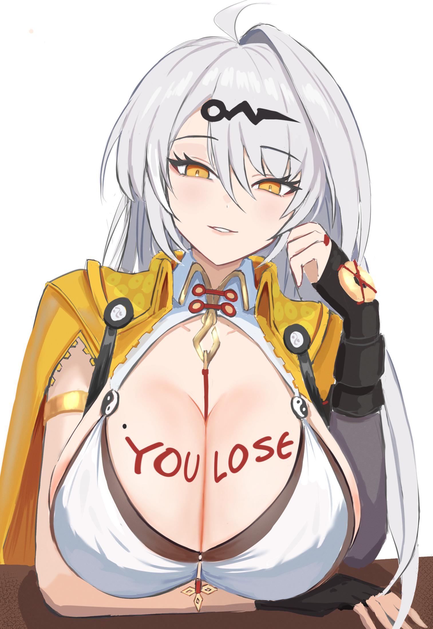 1girls, ahoge, arm band, arm support, black gloves, body writing, breasts, cleavage, eyelashes, female, fingerless gloves, gloves, grey hair, hair ornament, hairclip, huge breasts, long hair, looking at viewer, lunaliene ray, mole, mole on breast, parted lips, simple background, single hair intake, solo, staring contest, uneven gloves, upper body, vest, white background, yellow eyes, yixuan (zenless zone zero), yunkui summit, zenless zone zero