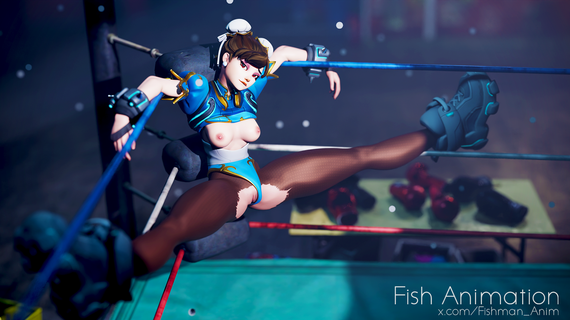 3d, boxing ring, breasts, chun-li (cosplay), chun-li juno, exposed breasts, exposed pussy, female, fish animation, juno (overwatch), overwatch, overwatch 2, pussy, street fighter, street fighter 6