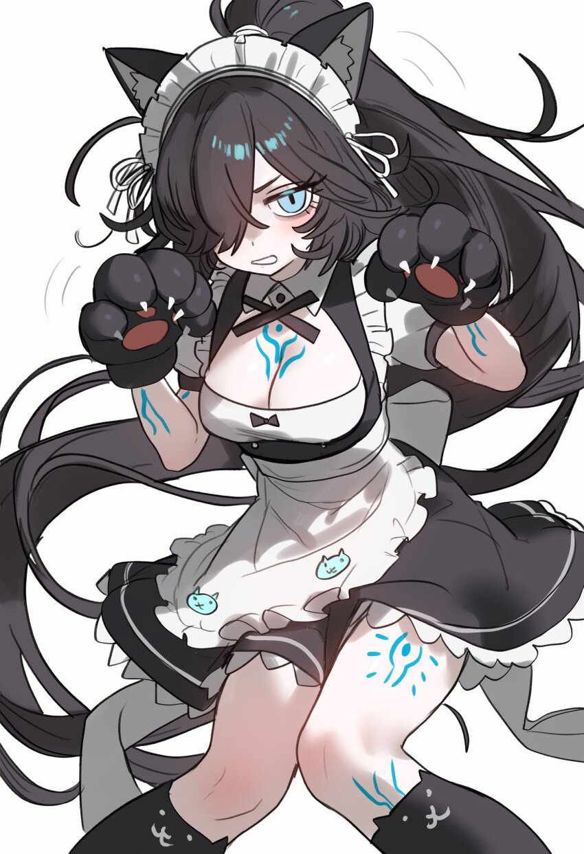1girls, angry, angry face, breasts, cat ears, cat paws, cute, ebora, female, huge breasts, kasli the bane, looking at viewer, maid outfit, the battle cats, youngmanisdown