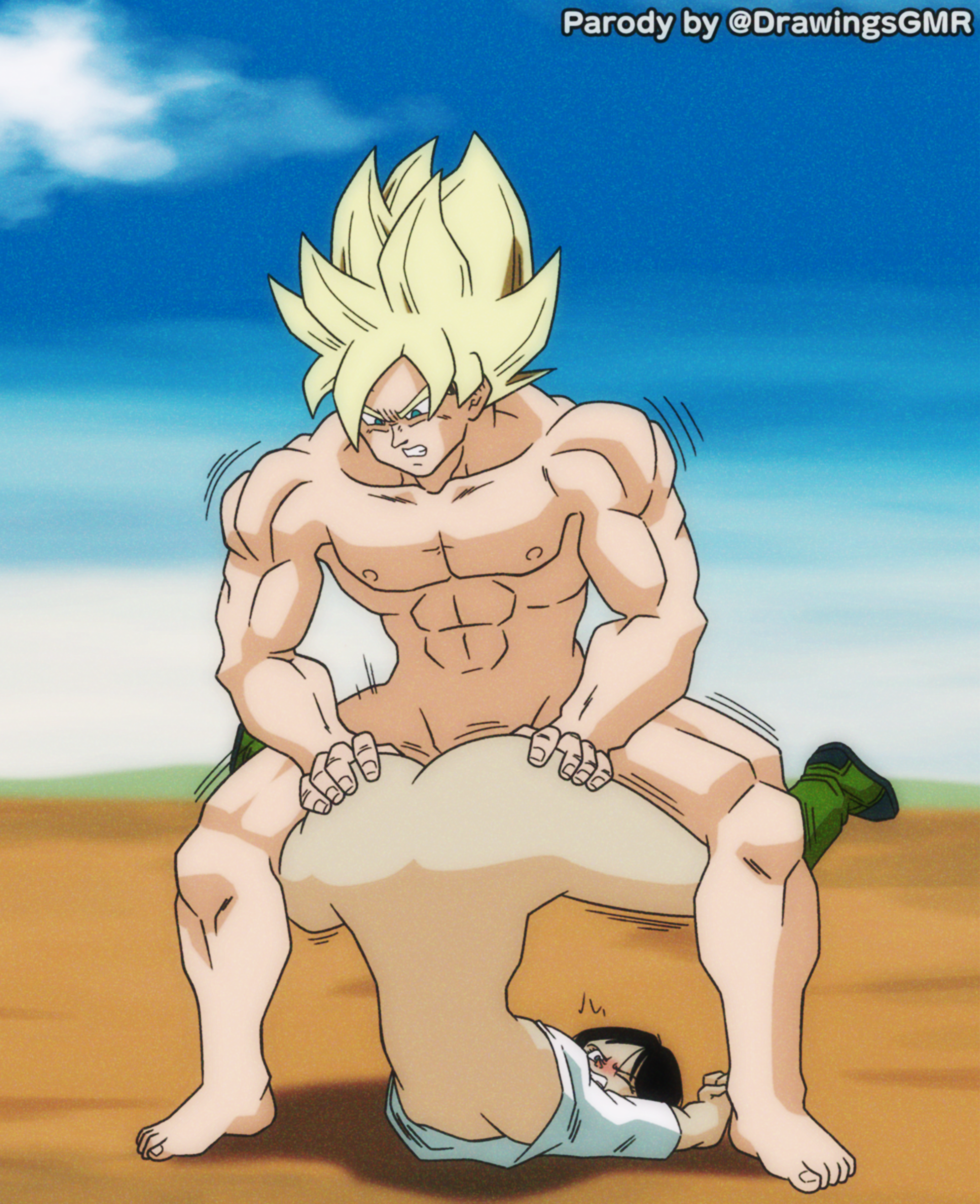 1boy, abs, accurate art style, age difference, ass, barefoot, black hair, blonde hair, blue sky, blush, boots, bottomless, clenched teeth, clothes lift, clothing, cloud, day, dragon ball, dragon ball z, father-in-law and daughter-in-law, feet, female, footwear, gmr, green eyes, male, muscles, muscular, muscular male, nipples, nude, older male, older male and teenage female, older man and younger girl, outdoors, pectorals, saiyan, sex, shirt, short hair, sky, son goku, spiky hair, straight, super saiyan, super saiyan 1, taken from behind, teenage female, teenager, teeth, tied hair, toei animation, top-down bottom-up, twintails, videl, white shirt, younger female