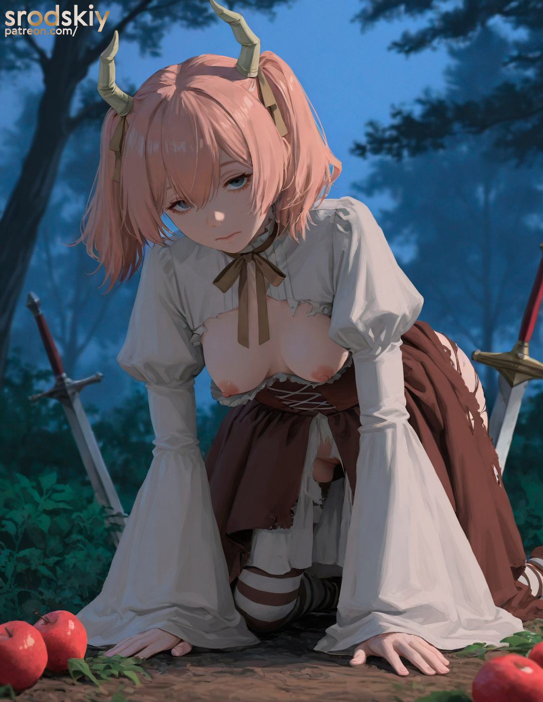 1girls, ai generated, bent over, breasts, cute, demon, demon girl, demon horns, female, female only, flat chest, goth, half naked, hanging breasts, linie (sousou no frieren), mature female, nipples, pussy, small breasts, sousou no frieren, srodskiy, tagme, vulgar, young